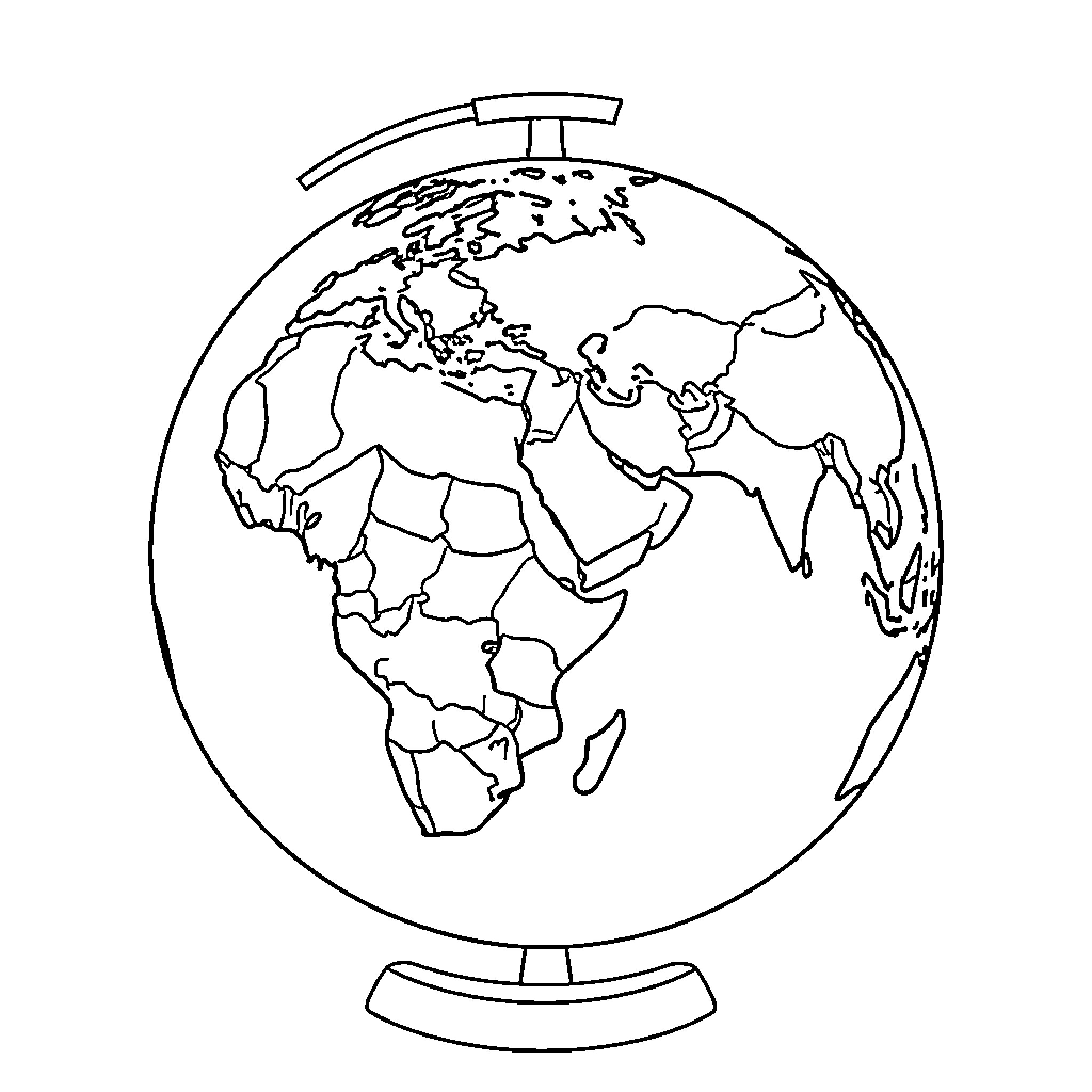 Globe on stand displaying world continents Coloring Page (free black-and-white line drawing printable PDF for all, from beginners to advanced learners, including children, teens, adults, and seniors)