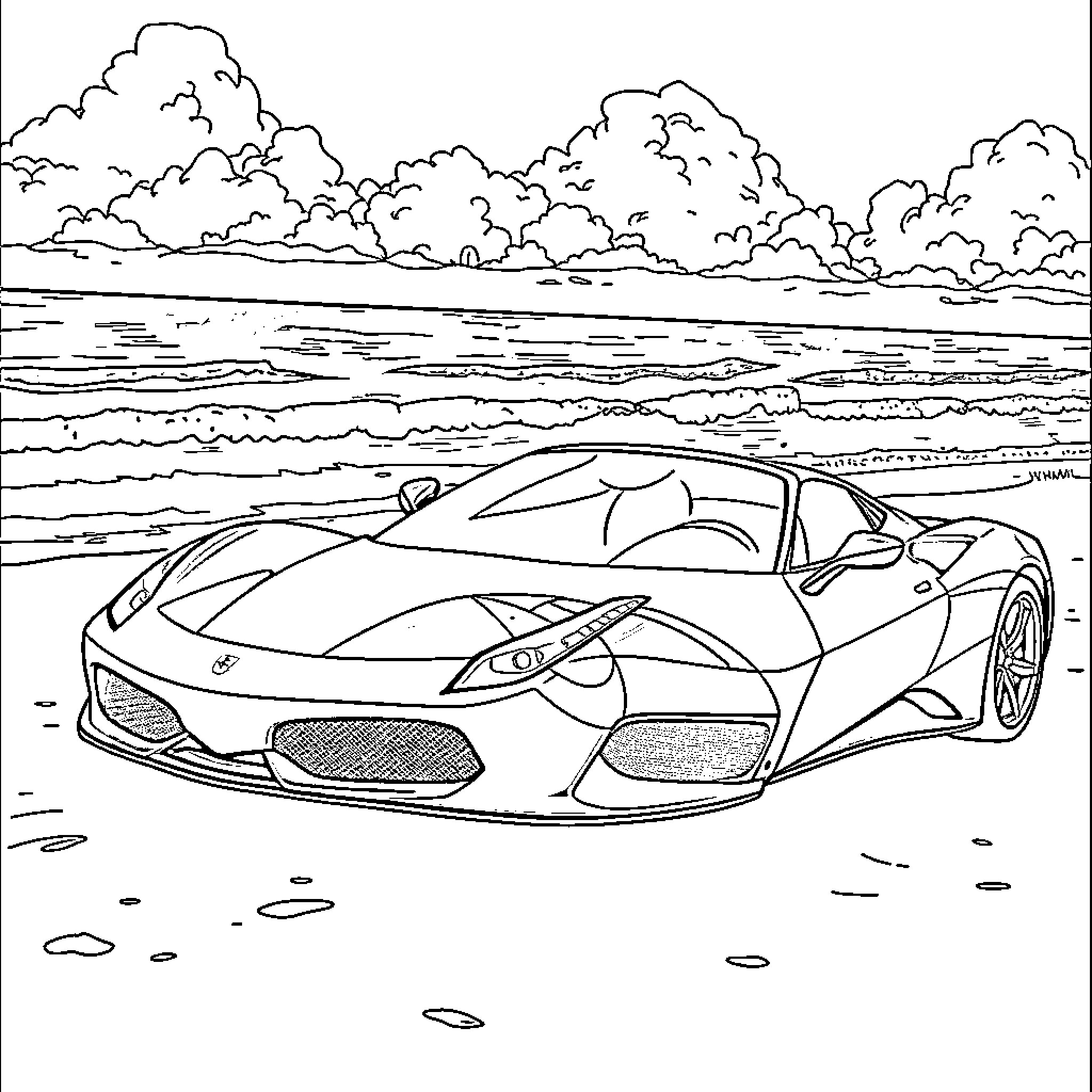 Ferrari sports car racing on the beach Coloring Page (free black-and-white line drawing printable PDF for all, from beginners to advanced learners, including children, teens, adults, and seniors)