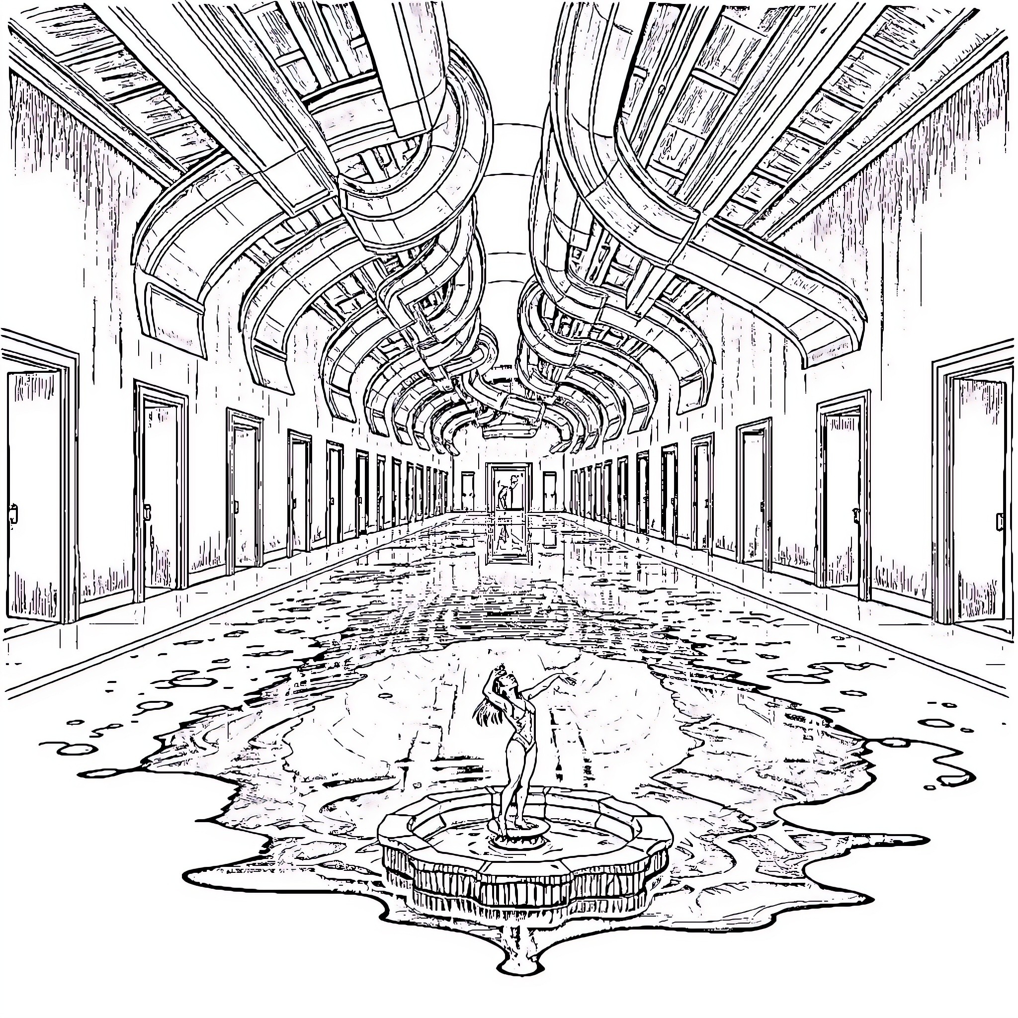 Hallway of Grandeur and Reflection Coloring Page (free black-and-white line drawing printable PDF for all, from beginners to advanced learners, including children, teens, adults, and seniors)