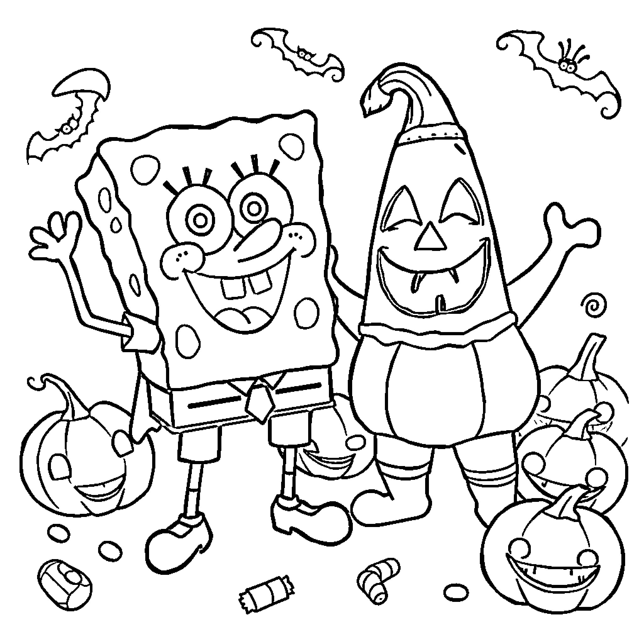 Spongebob and Friends Celebrate Halloween Coloring Page (free black-and-white line drawing printable PDF for all, from beginners to advanced learners, including children, teens, adults, and seniors)