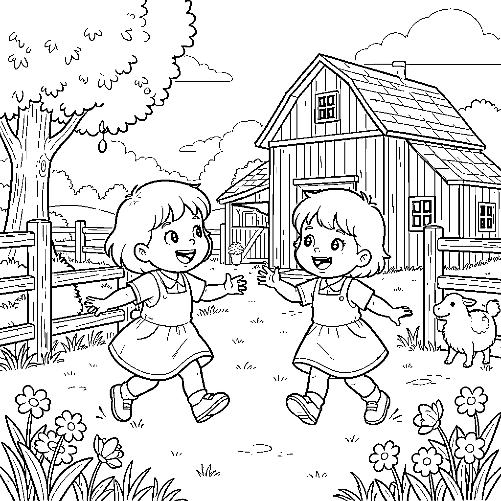 Bibi und Tina playing happily on the farm Coloring Page (free black-and-white line drawing printable PDF for all, from beginners to advanced learners, including children, teens, adults, and seniors)