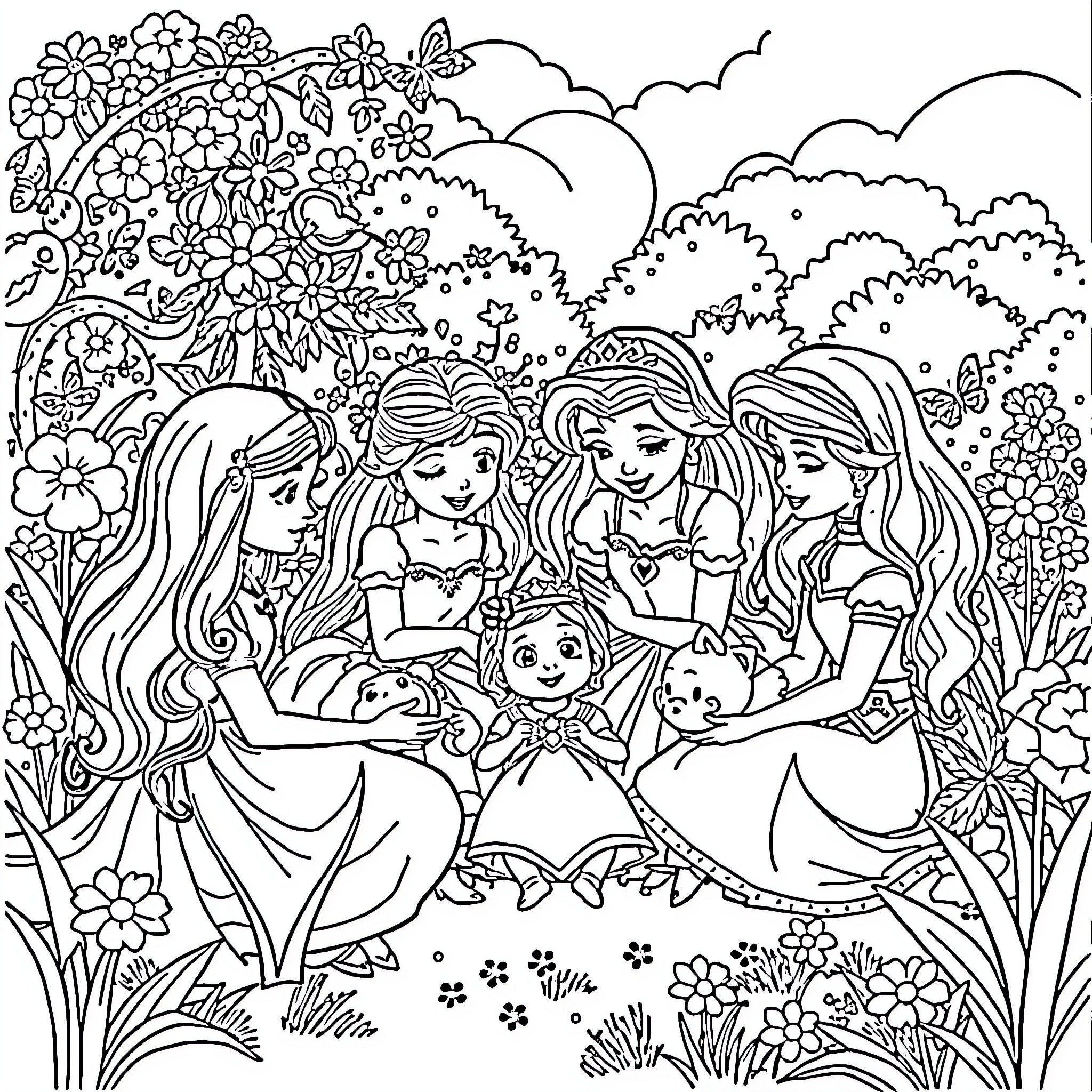 Princess friends enjoy a floral garden scene Coloring Page (free black-and-white line drawing printable PDF for all, from beginners to advanced learners, including children, teens, adults, and seniors)