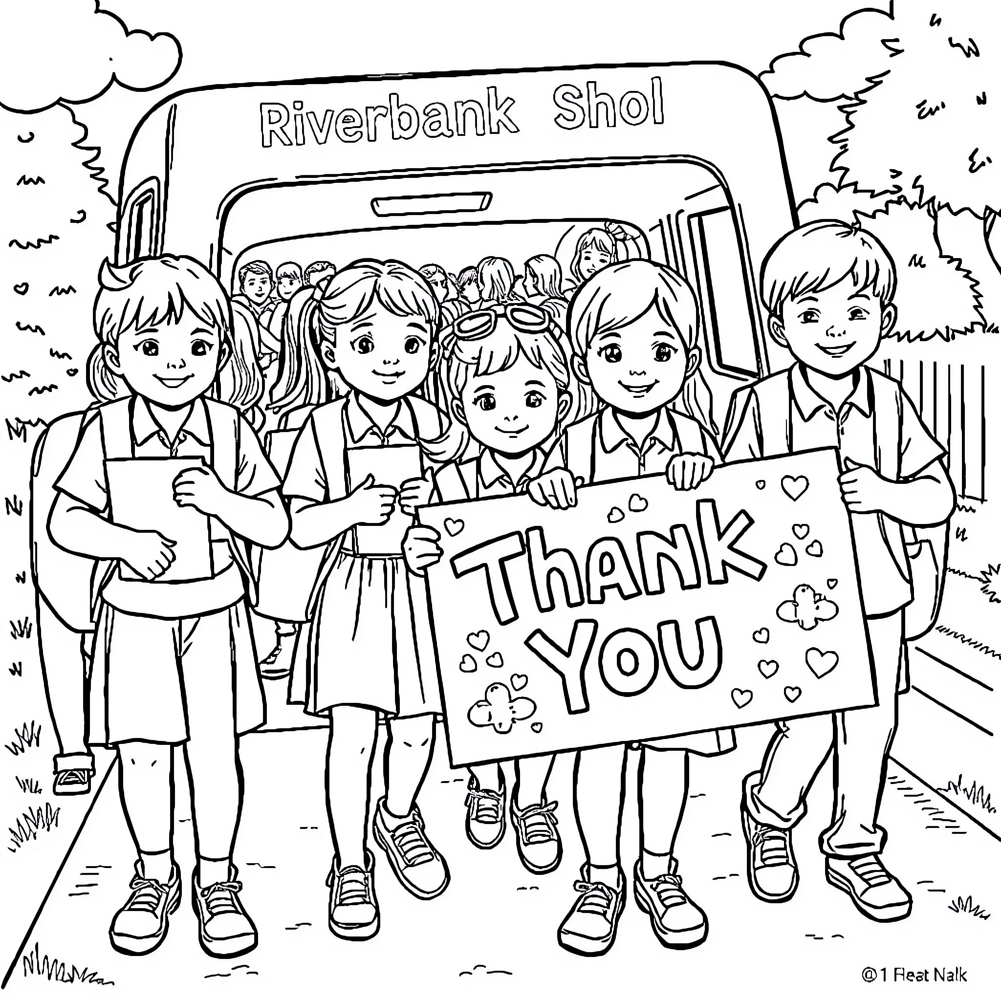 School children expressing gratitude on a field trip Coloring Page (free black-and-white line drawing printable PDF for all, from beginners to advanced learners, including children, teens, adults, and seniors)