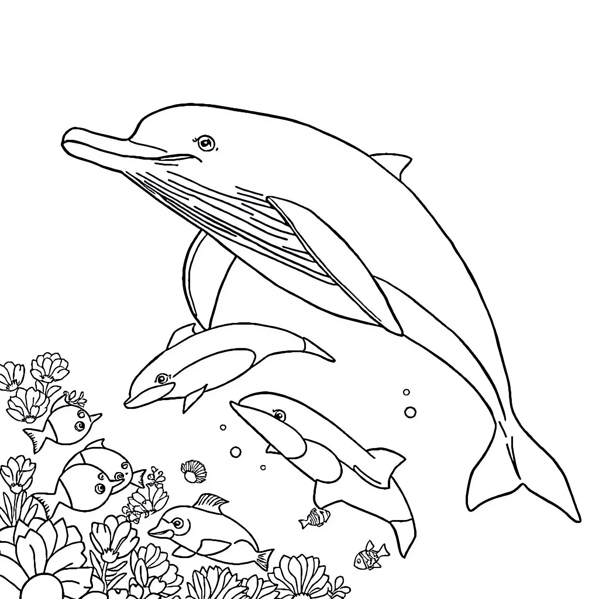 Whale diving with baby whales in underwater garden Coloring Page (free black-and-white line drawing printable PDF for all, from beginners to advanced learners, including children, teens, adults, and seniors)