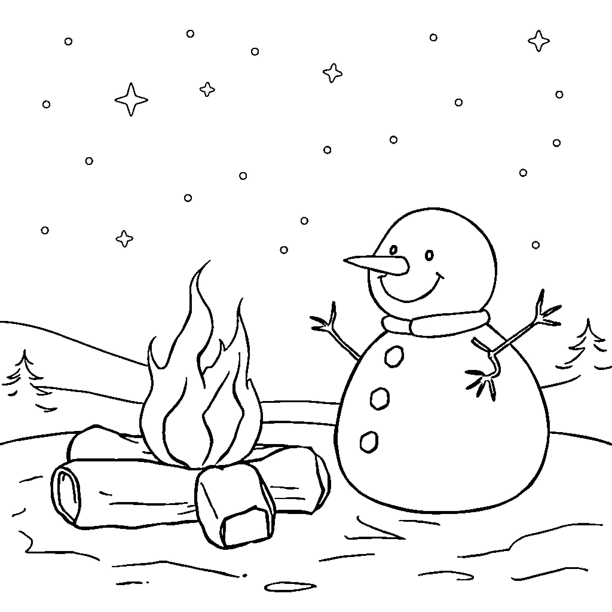 Snowman enjoying campfire on snowy night Coloring Page (free black-and-white line drawing printable PDF for all, from beginners to advanced learners, including children, teens, adults, and seniors)