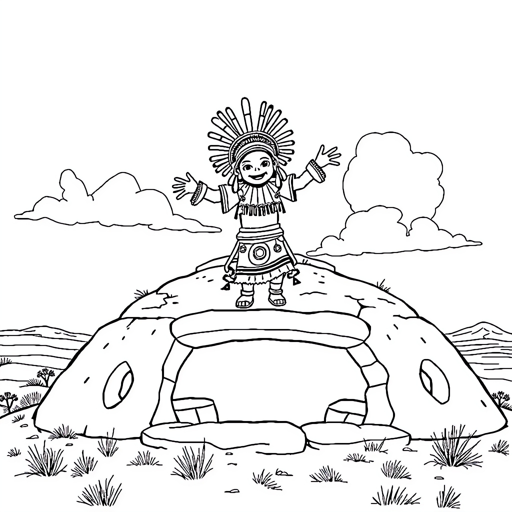 Kachina figure dancing on ancient ceremonial structure Coloring Page (free black-and-white line drawing printable PDF for all, from beginners to advanced learners, including children, teens, adults, and seniors)
