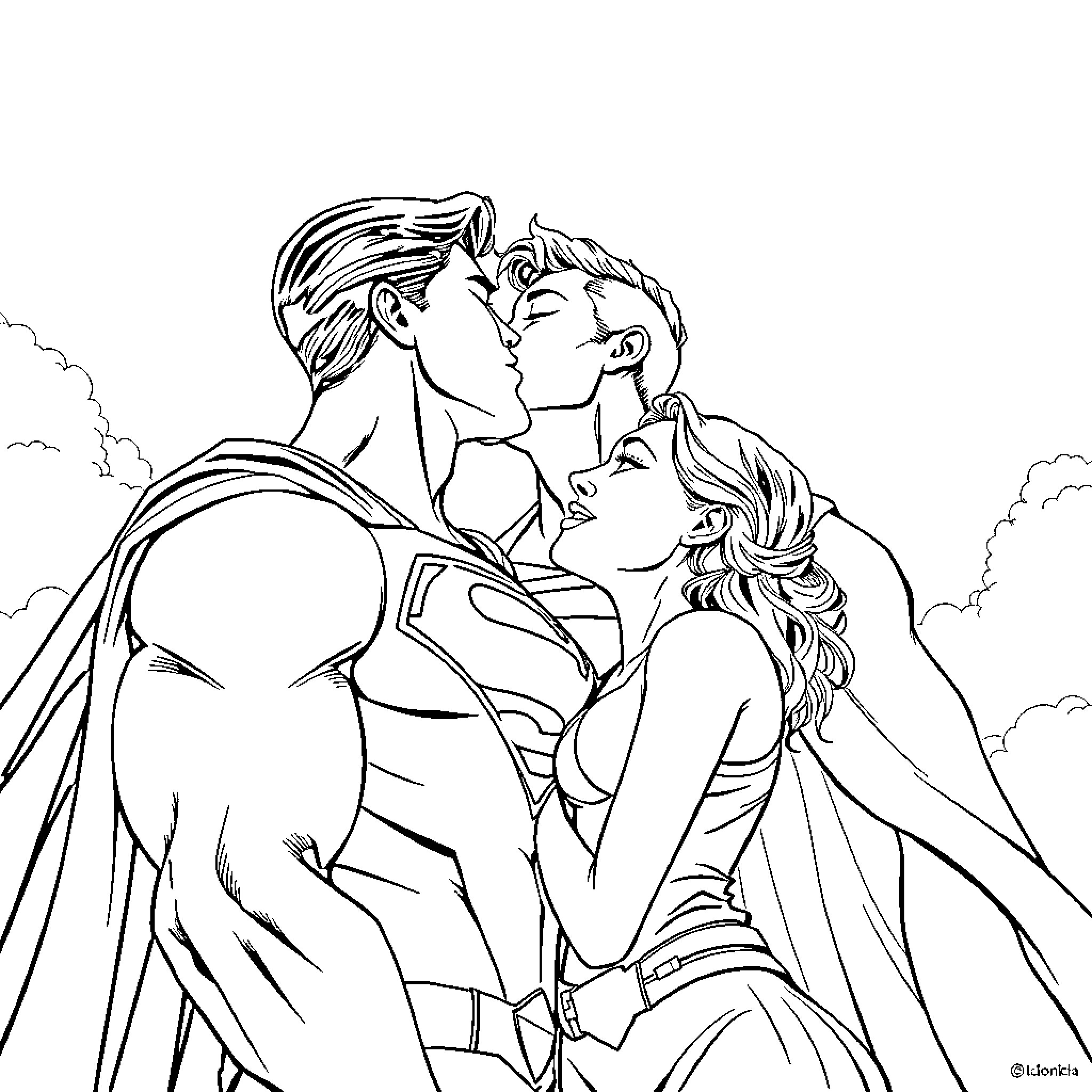 Superman embracing lover in passionate embrace Coloring Page (free black-and-white line drawing printable PDF for all, from beginners to advanced learners, including children, teens, adults, and seniors)
