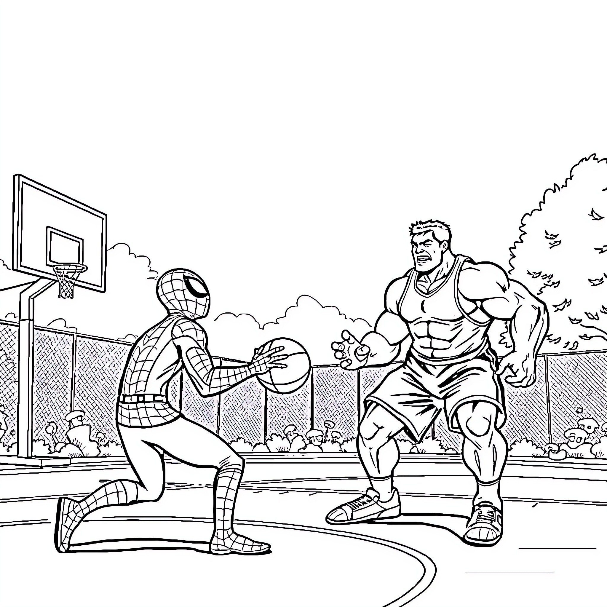 Spiderman's Basketball Challenge with Muscular Hero Coloring Page (free black-and-white line drawing printable PDF for all, from beginners to advanced learners, including children, teens, adults, and seniors)