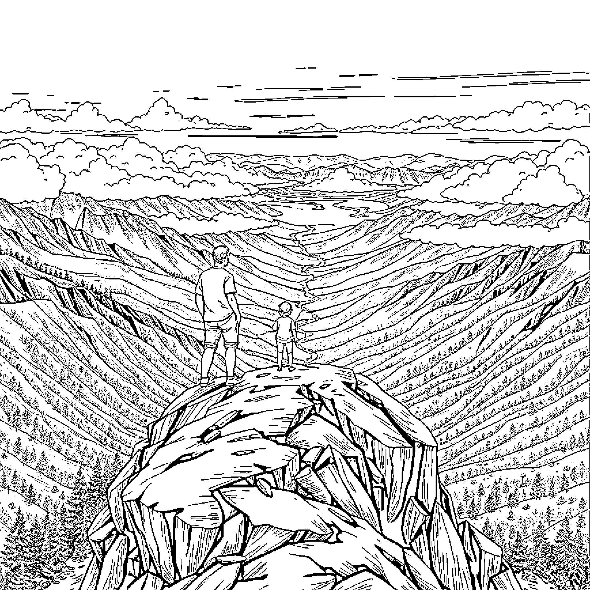 Person standing on cliff overlooking scenic landscape Coloring Page (free black-and-white line drawing printable PDF for all, from beginners to advanced learners, including children, teens, adults, and seniors)