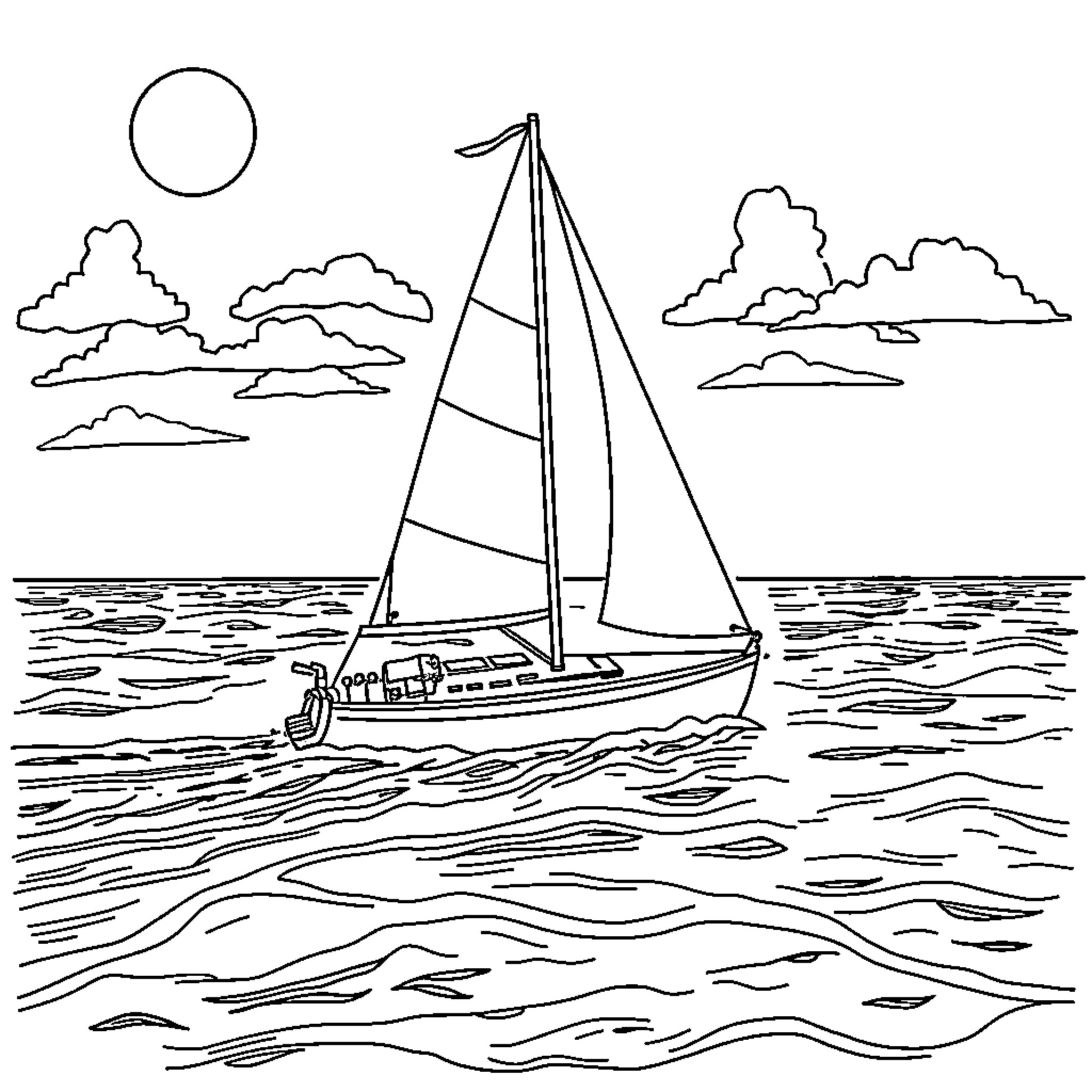 Optimist sailing in the open sea under the sun Coloring Page (free black-and-white line drawing printable PDF for all, from beginners to advanced learners, including children, teens, adults, and seniors)