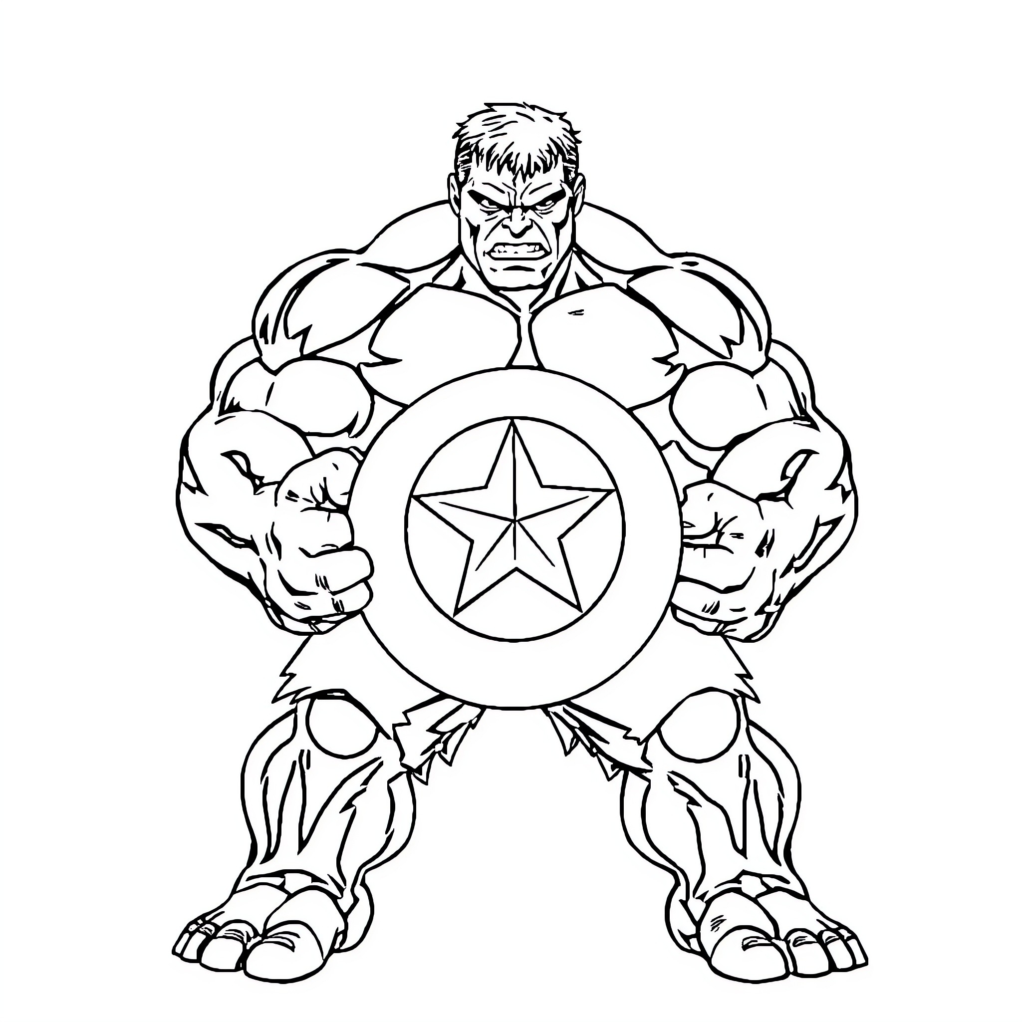 Hulk Wielding Iconic Shield with Determination Coloring Page (free black-and-white line drawing printable PDF for all, from beginners to advanced learners, including children, teens, adults, and seniors)