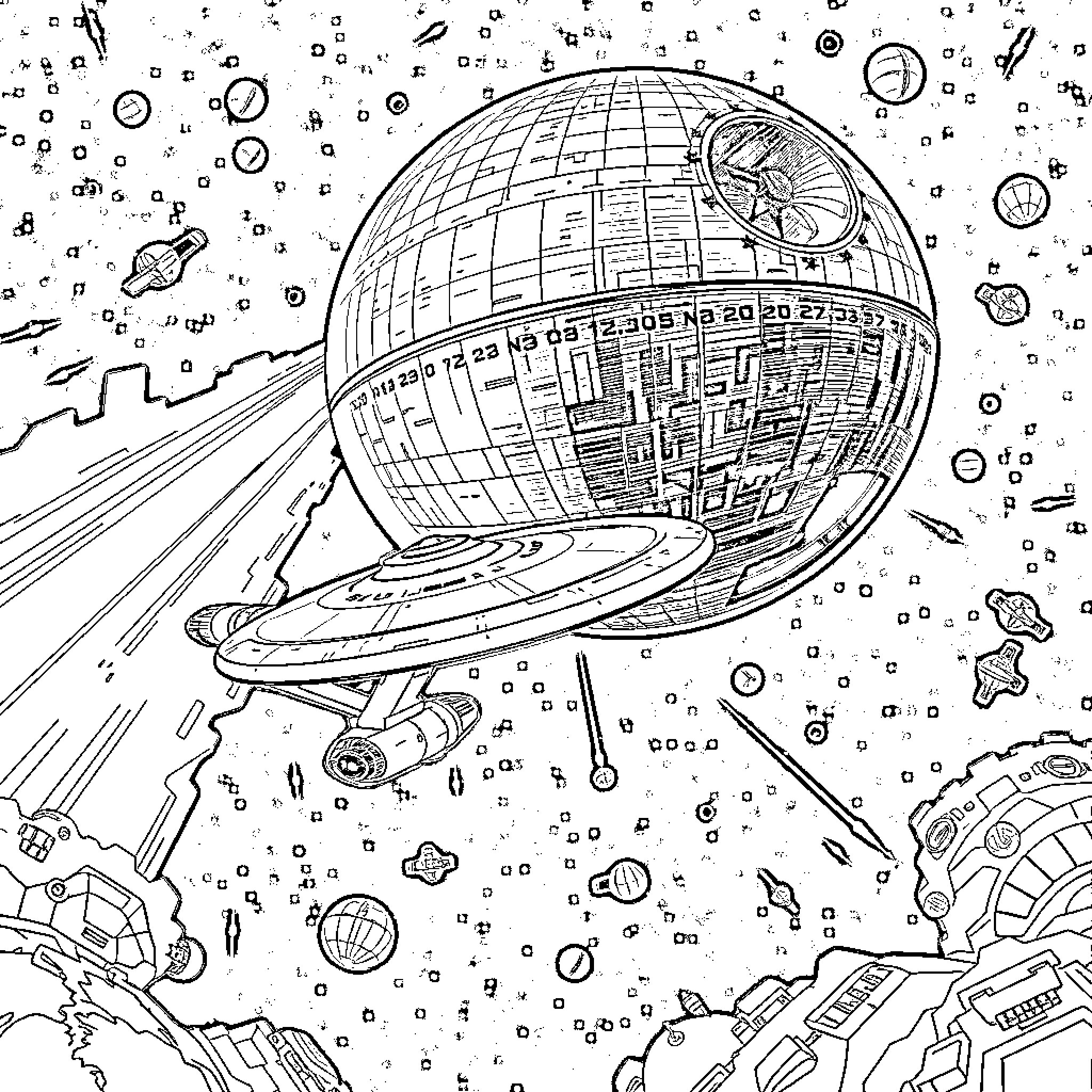 Starship Traverses the Cosmic Expanse Coloring Page (free black-and-white line drawing printable PDF for all, from beginners to advanced learners, including children, teens, adults, and seniors)