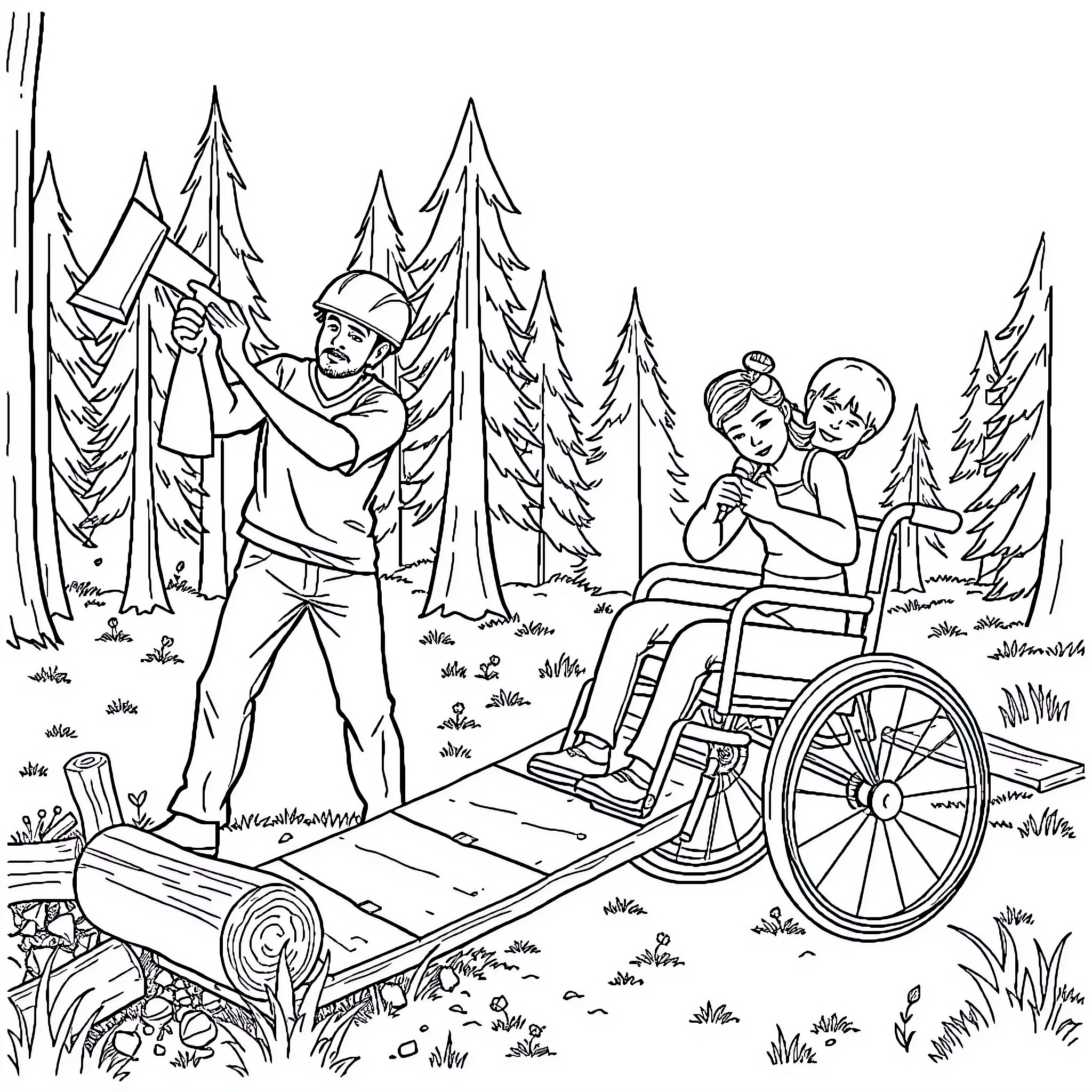 Machine Overcoming Obstacles in the Wilderness Coloring Page (free black-and-white line drawing printable PDF for all, from beginners to advanced learners, including children, teens, adults, and seniors)