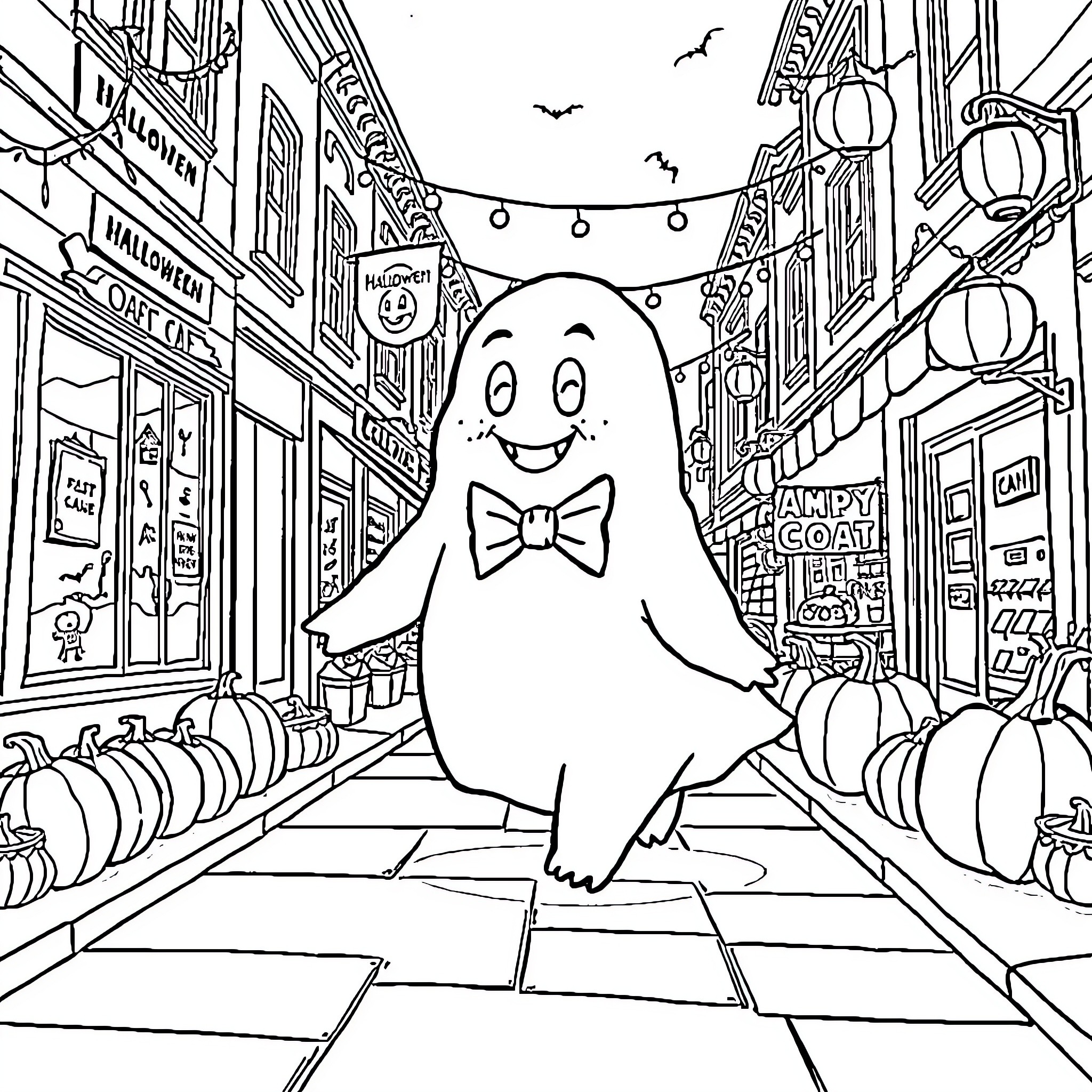 Ghost Happily Strolling Through Festive Halloween Town Coloring Page (free black-and-white line drawing printable PDF for all, from beginners to advanced learners, including children, teens, adults, and seniors)