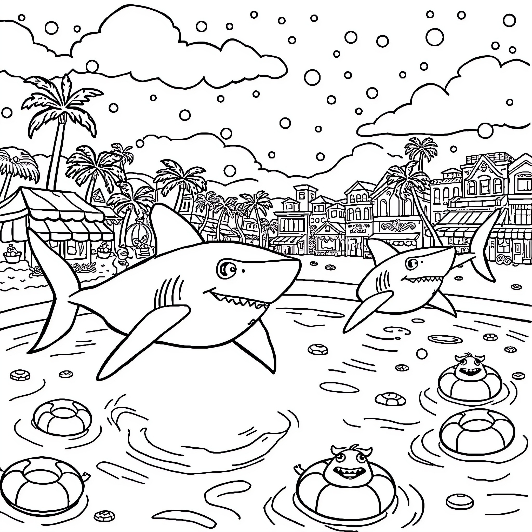Shark swimming in tropical beach scene Coloring Page (free black-and-white line drawing printable PDF for all, from beginners to advanced learners, including children, teens, adults, and seniors)