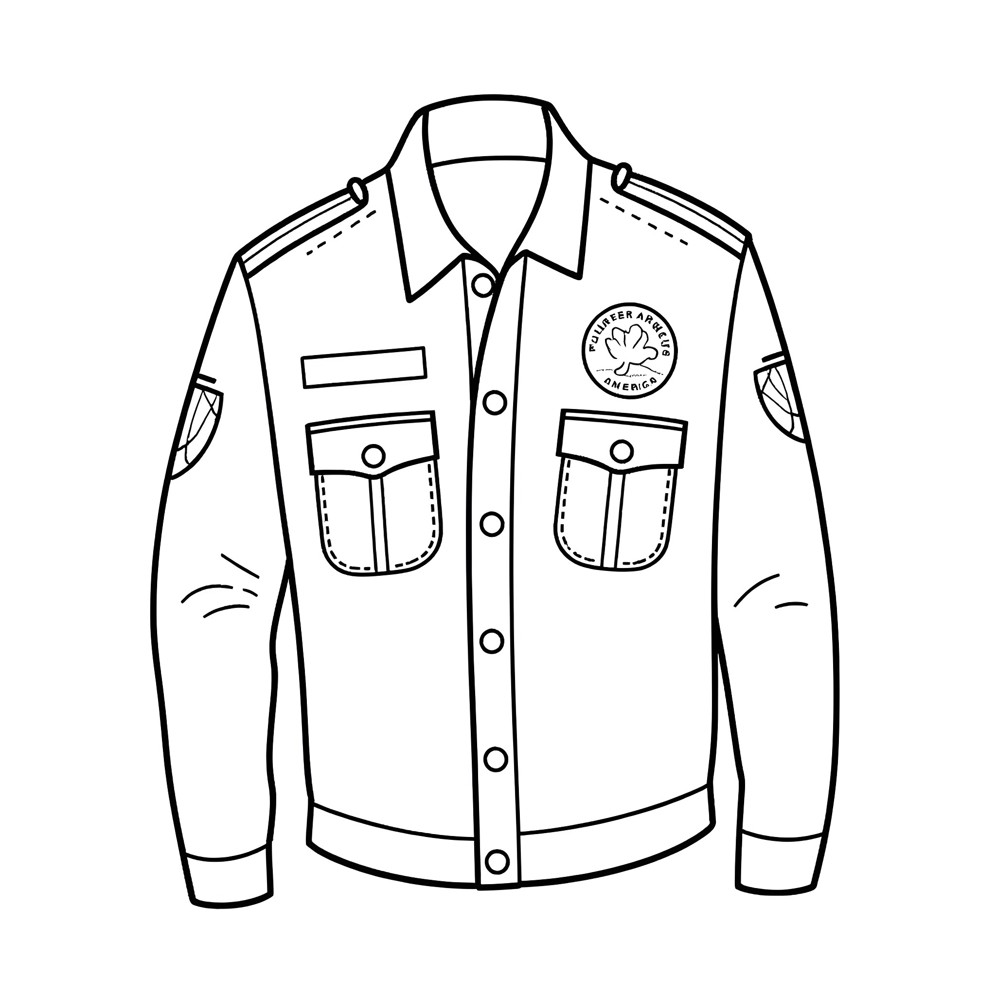 Farmer's Uniform with Distinctive Patches Coloring Page (free black-and-white line drawing printable PDF for all, from beginners to advanced learners, including children, teens, adults, and seniors)