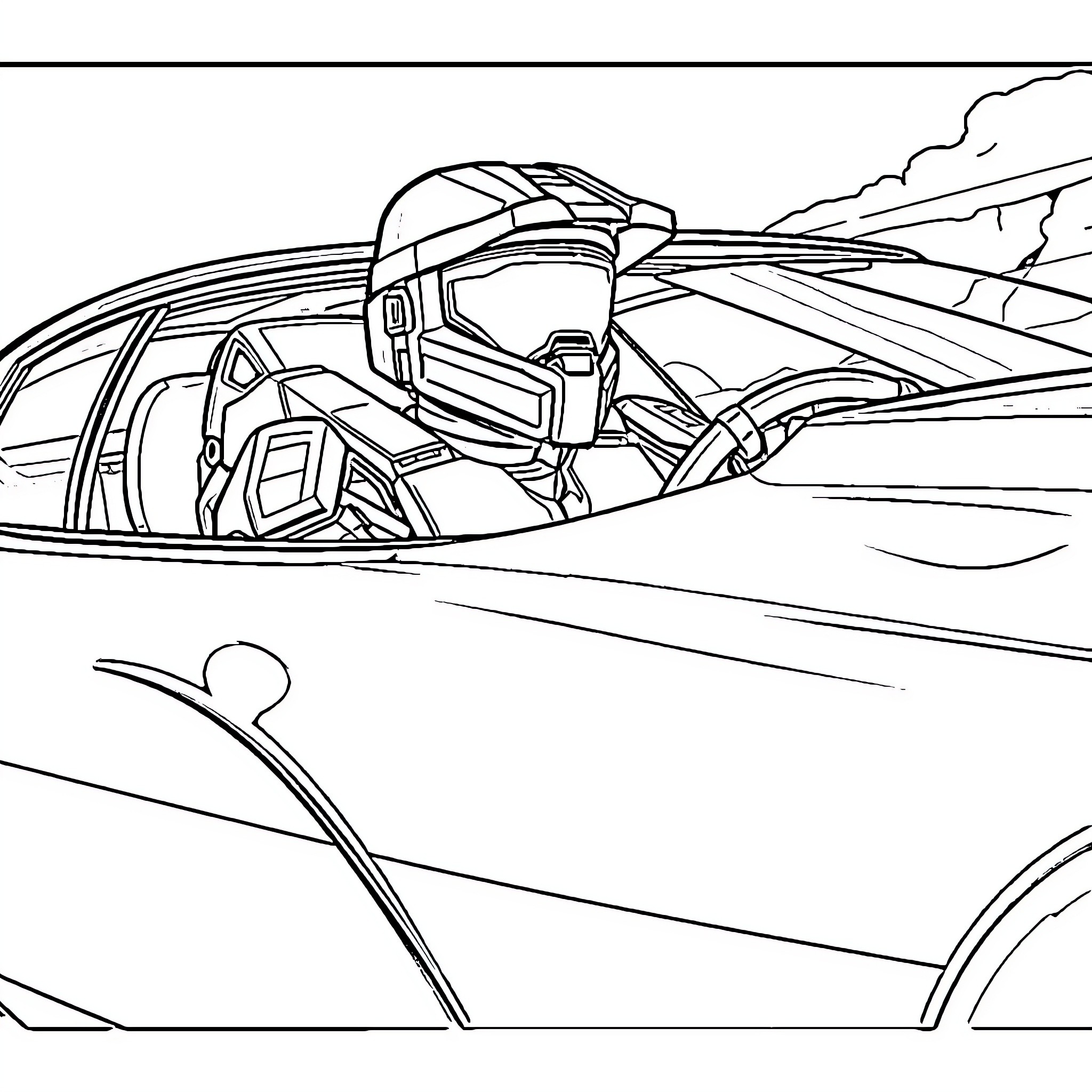 Halo Master Chief in Action on Sci-Fi Battlefield Coloring Page (free black-and-white line drawing printable PDF for all, from beginners to advanced learners, including children, teens, adults, and seniors)