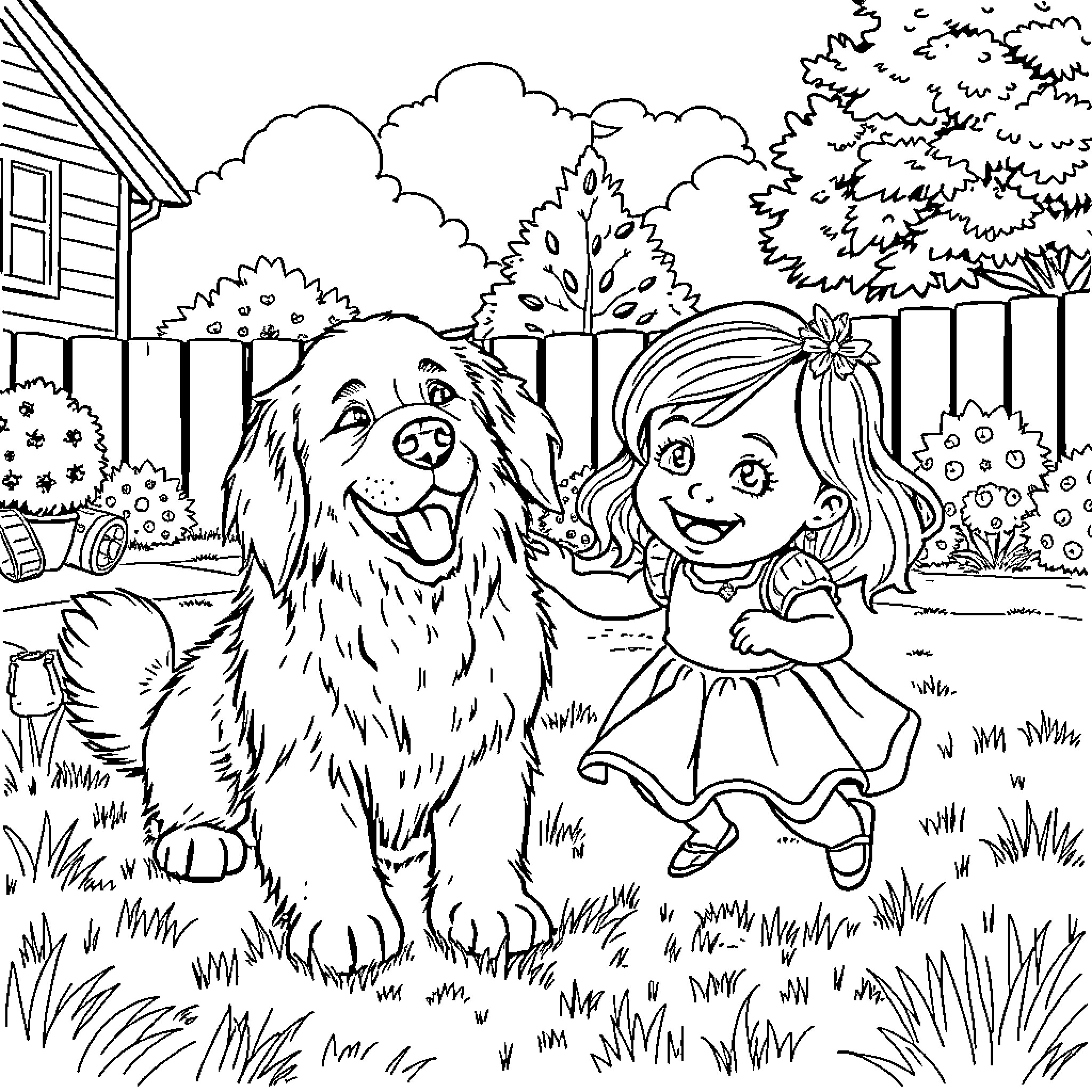 Retriever joyfully playing with young girl in backyard Coloring Page (free black-and-white line drawing printable PDF for all, from beginners to advanced learners, including children, teens, adults, and seniors)