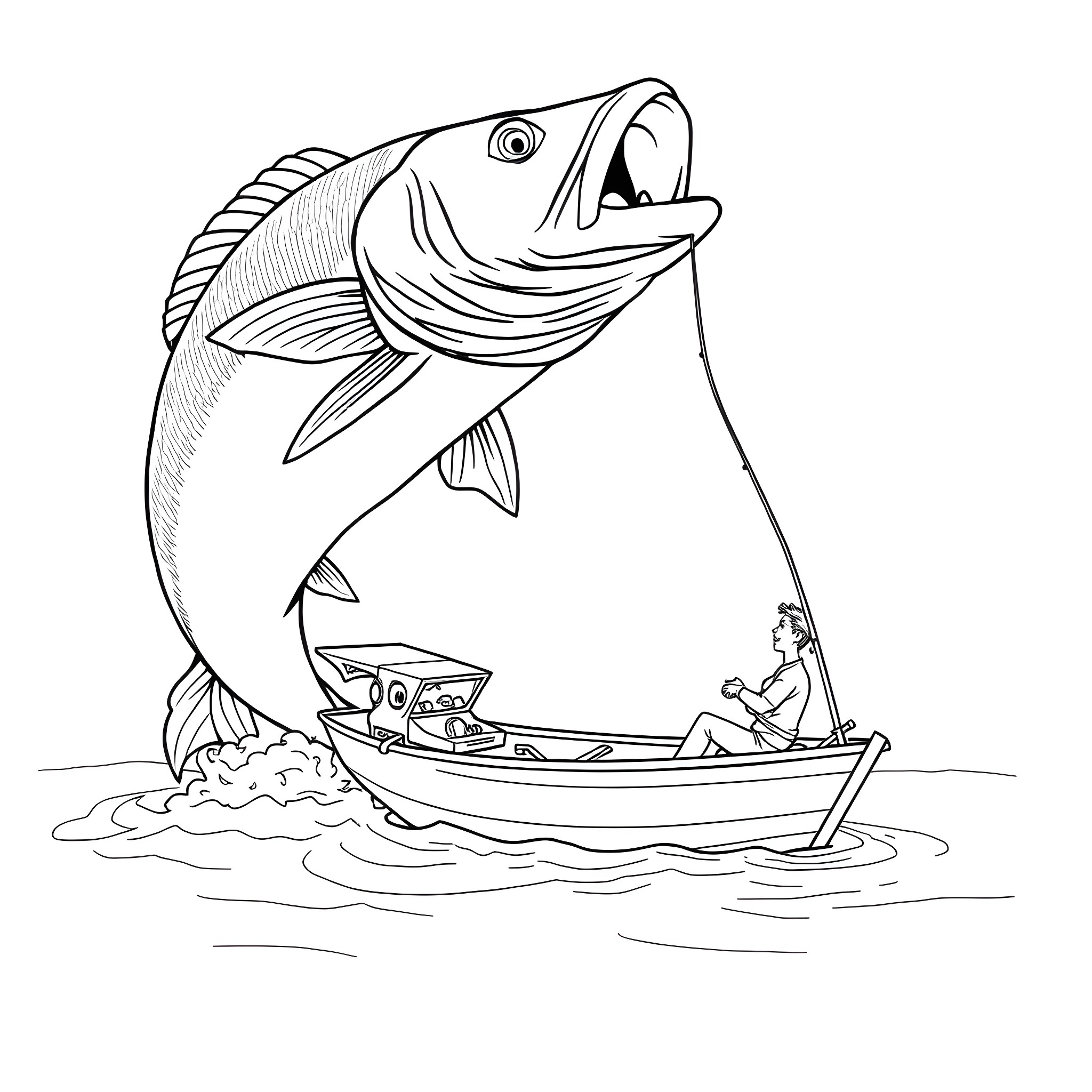 Fish catching a person in a boat Coloring Page (free black-and-white line drawing printable PDF for all, from beginners to advanced learners, including children, teens, adults, and seniors)