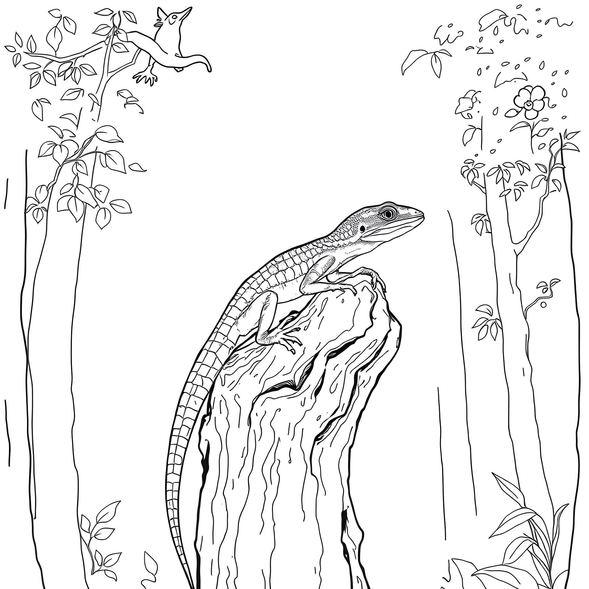 Skink exploring the natural world Coloring Page (free black-and-white line drawing printable PDF for all, from beginners to advanced learners, including children, teens, adults, and seniors)