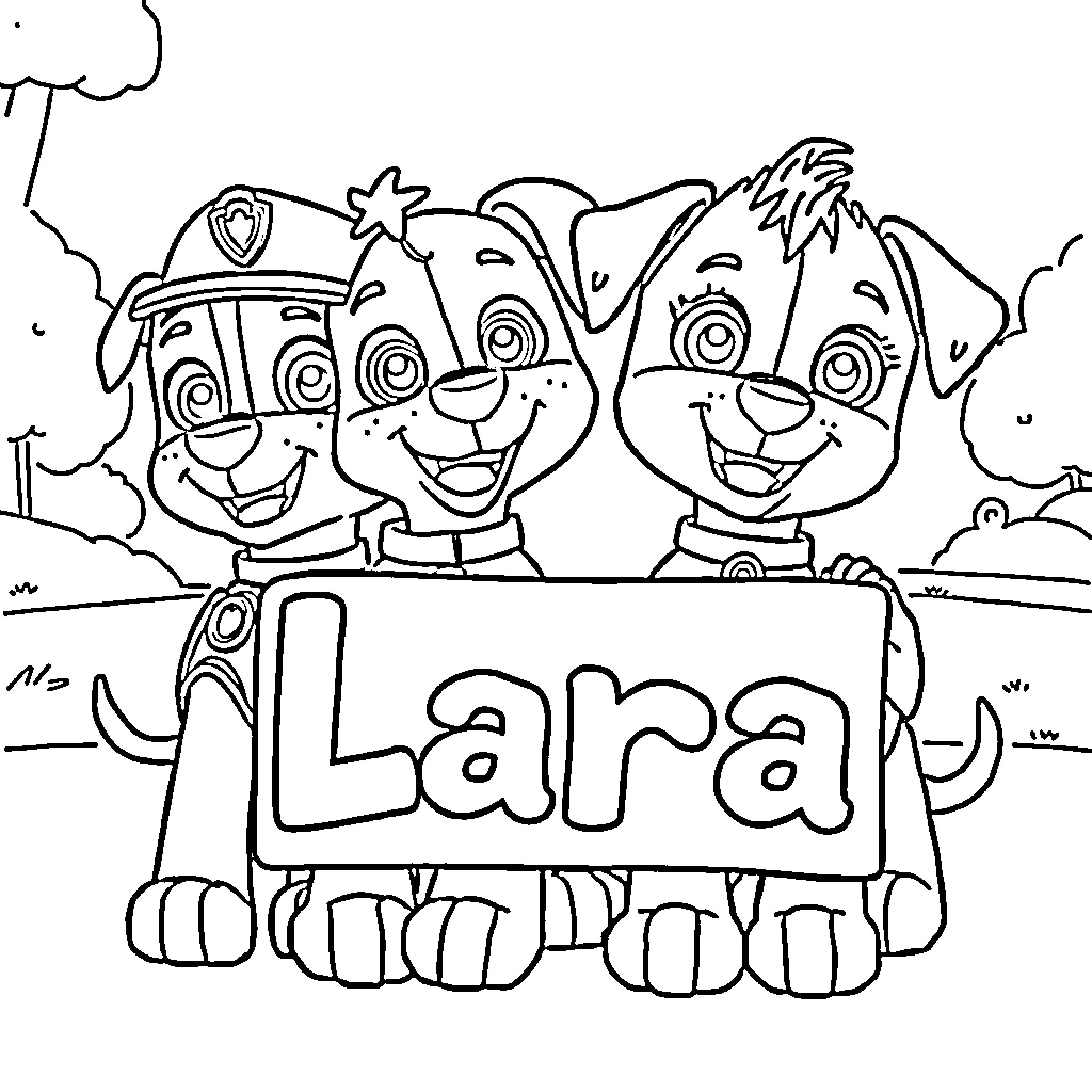 Paw Patrol characters holding a sign with a name Coloring Page (free black-and-white line drawing printable PDF for all, from beginners to advanced learners, including children, teens, adults, and seniors)