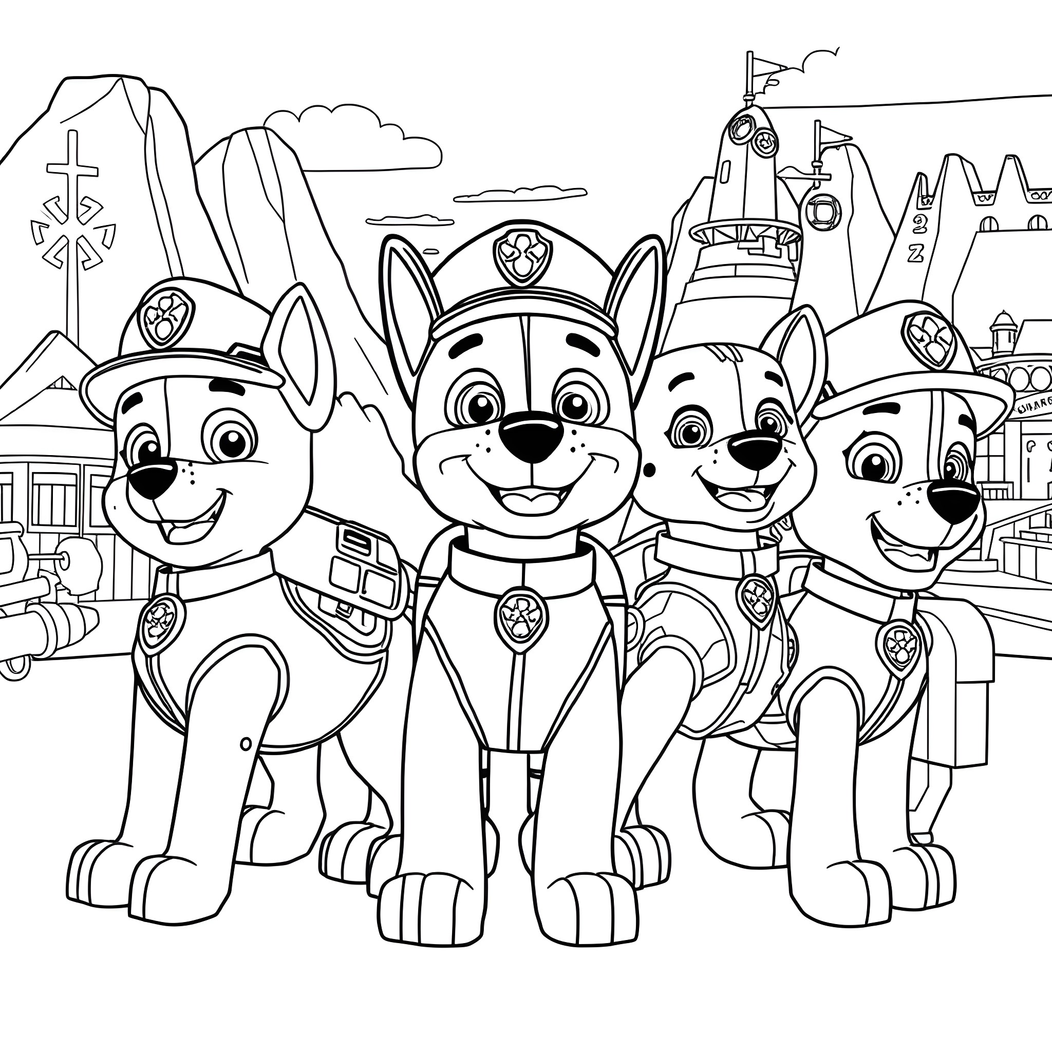 Paw Patrol Pups on Duty in Adventure Bay Coloring Page (free black-and-white line drawing printable PDF for all, from beginners to advanced learners, including children, teens, adults, and seniors)