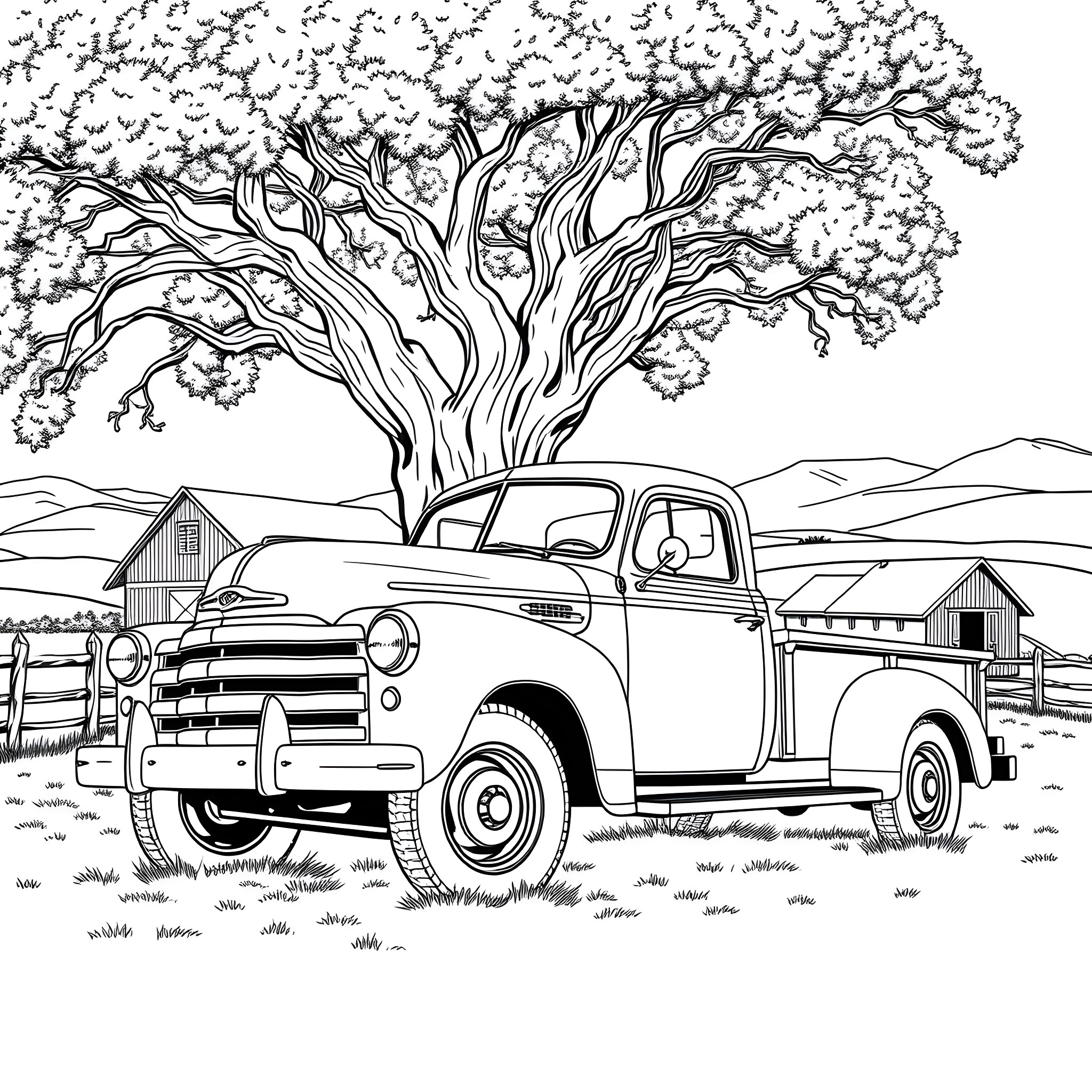 Truck parked near a large tree in a countryside scene Coloring Page (free black-and-white line drawing printable PDF for all, from beginners to advanced learners, including children, teens, adults, and seniors)