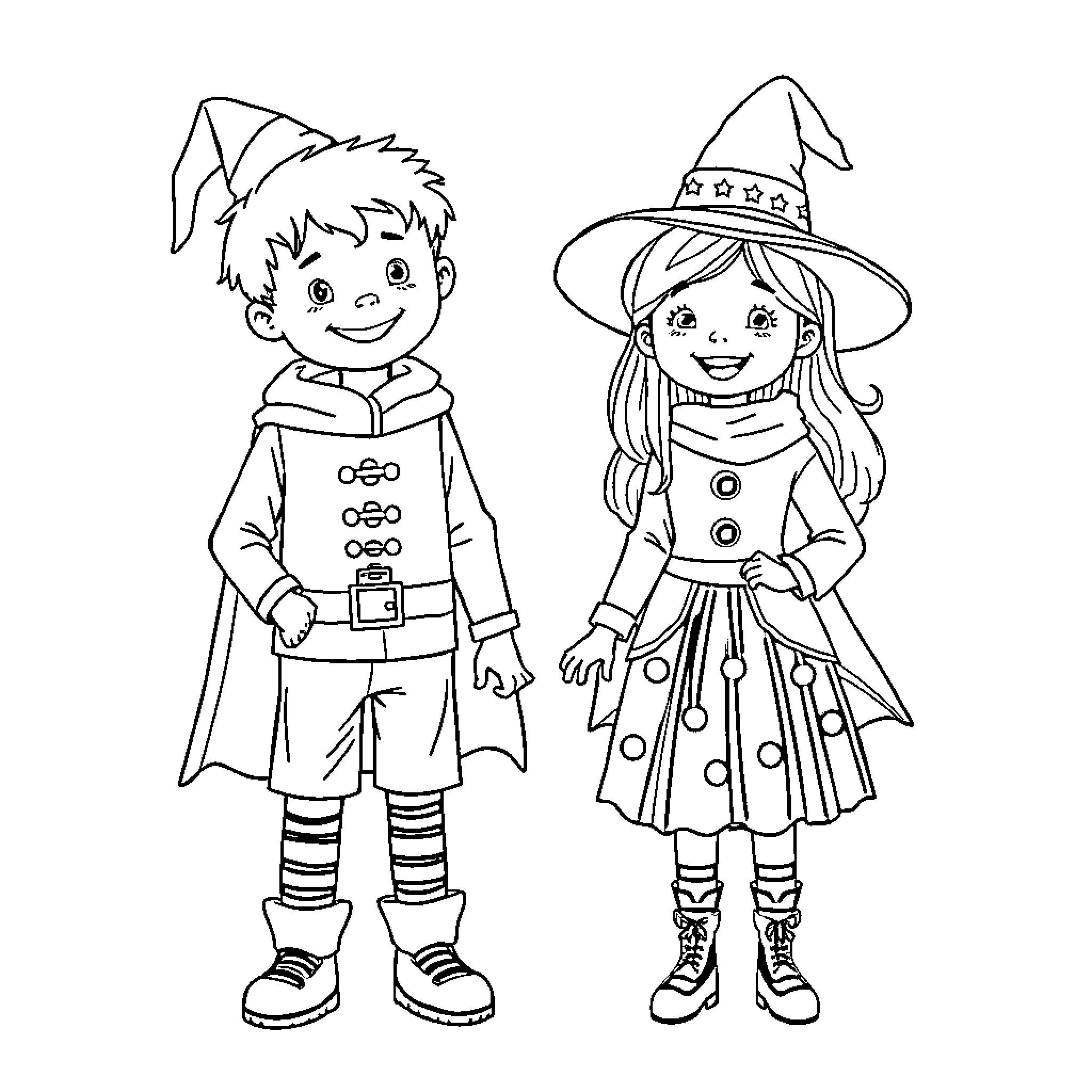 Siblings Halloween Costume Party Coloring Page (free black-and-white line drawing printable PDF for all, from beginners to advanced learners, including children, teens, adults, and seniors)