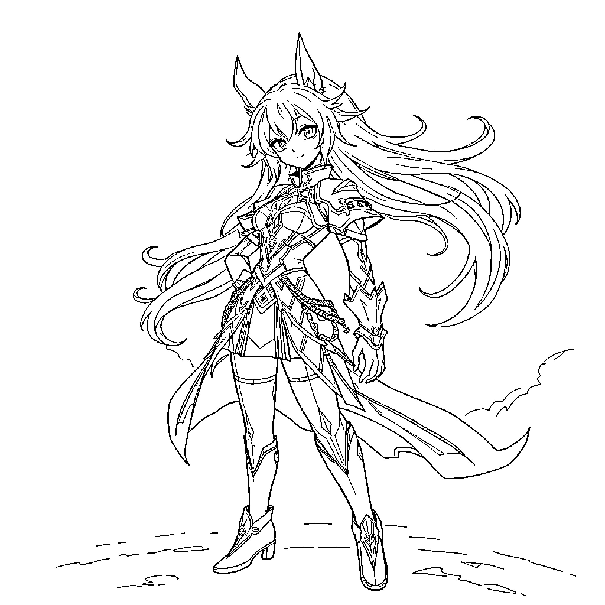 Dehya in Heroic Pose with Flowing Hair Coloring Page (free black-and-white line drawing printable PDF for all, from beginners to advanced learners, including children, teens, adults, and seniors)