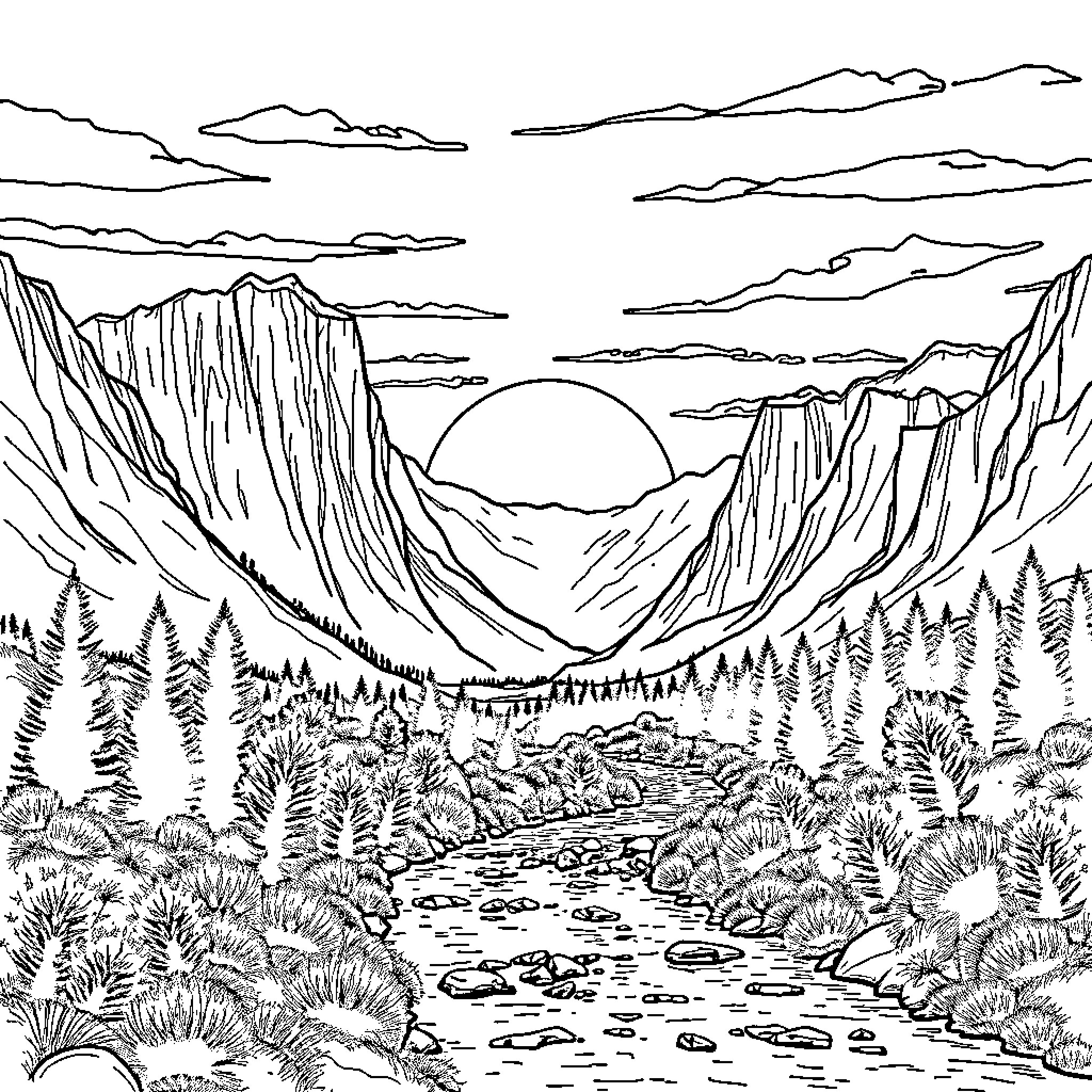 Sun shining over majestic mountain landscape Coloring Page (free black-and-white line drawing printable PDF for all, from beginners to advanced learners, including children, teens, adults, and seniors)