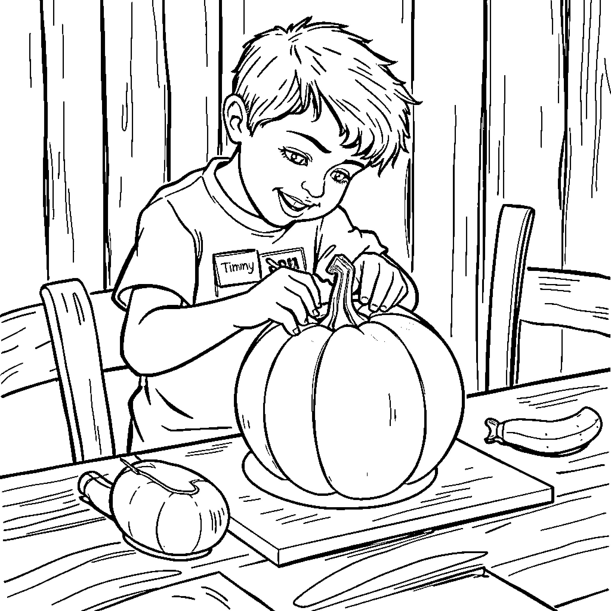 Kid carving a pumpkin in the fall season Coloring Page (free black-and-white line drawing printable PDF for all, from beginners to advanced learners, including children, teens, adults, and seniors)