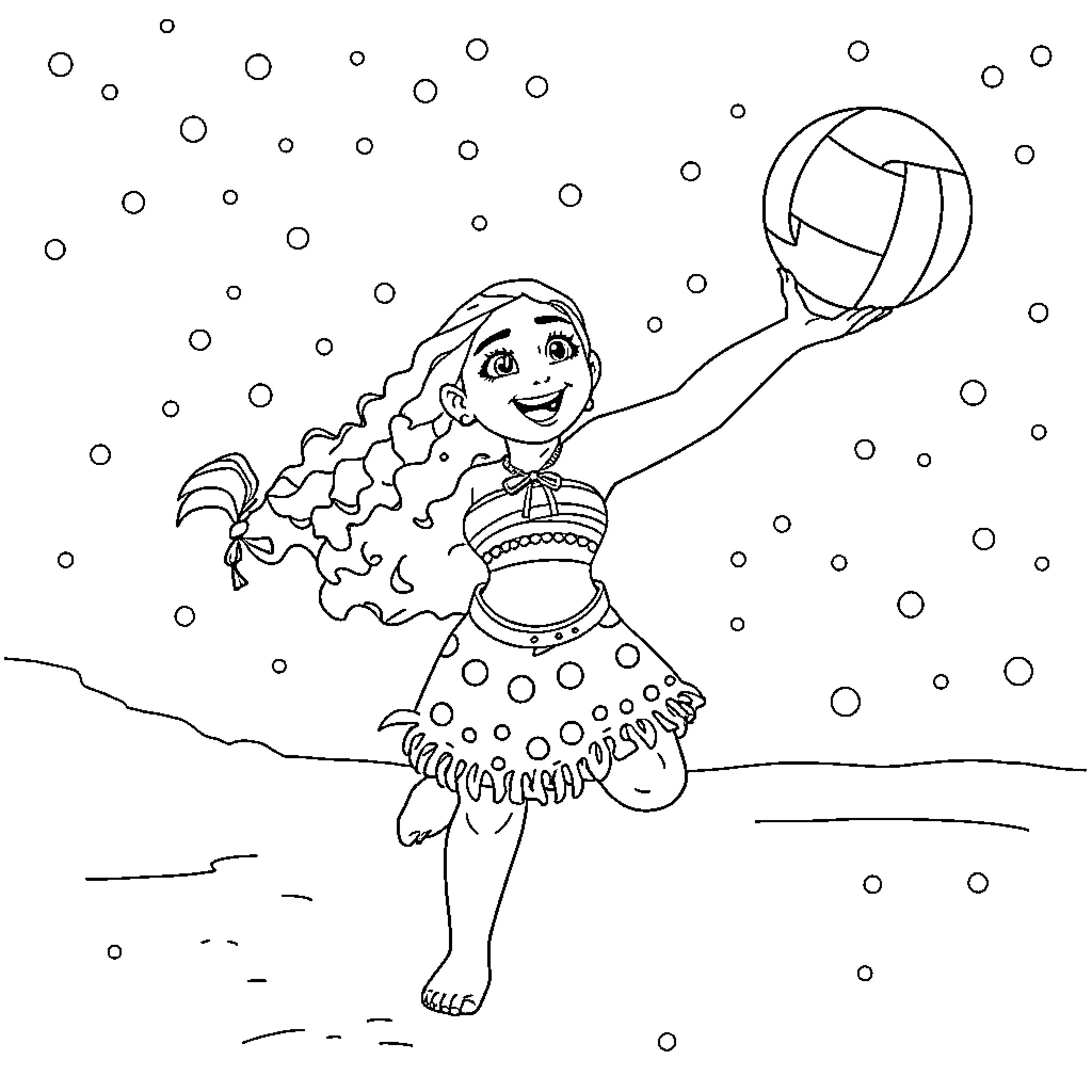 Moana playing with a volleyball on a snowy day Coloring Page (free black-and-white line drawing printable PDF for all, from beginners to advanced learners, including children, teens, adults, and seniors)