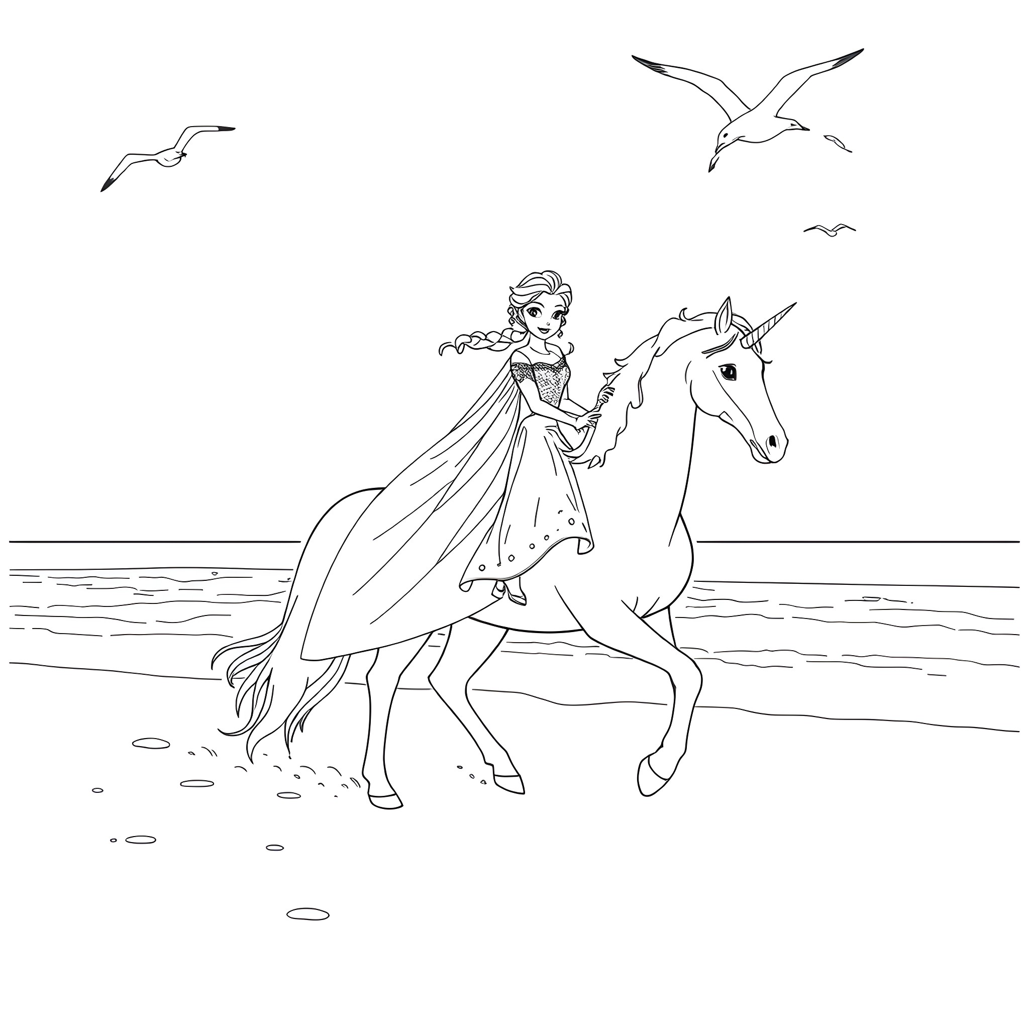 Elsa riding a unicorn by the ocean Coloring Page (free black-and-white line drawing printable PDF for all, from beginners to advanced learners, including children, teens, adults, and seniors)