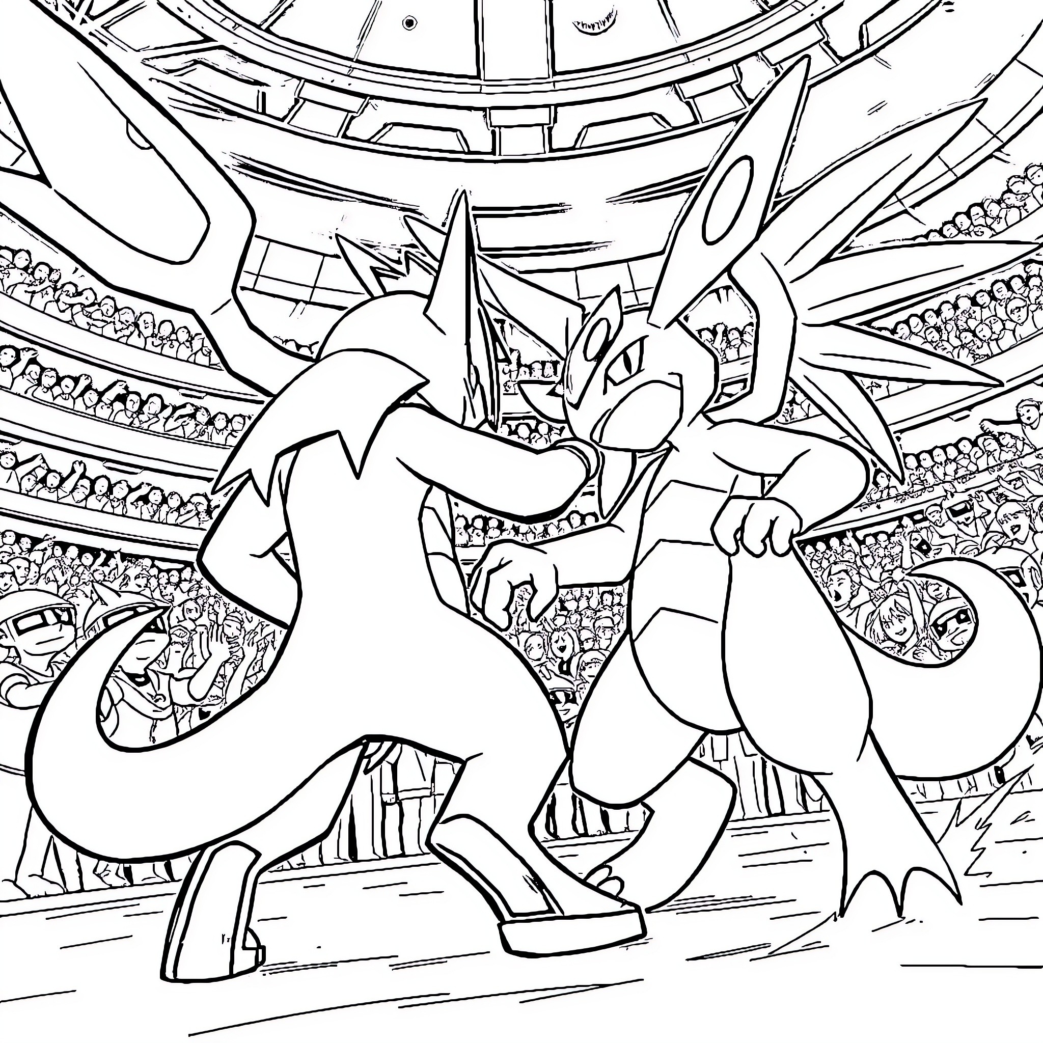 Lucario fighting in a futuristic arena Coloring Page (free black-and-white line drawing printable PDF for all, from beginners to advanced learners, including children, teens, adults, and seniors)