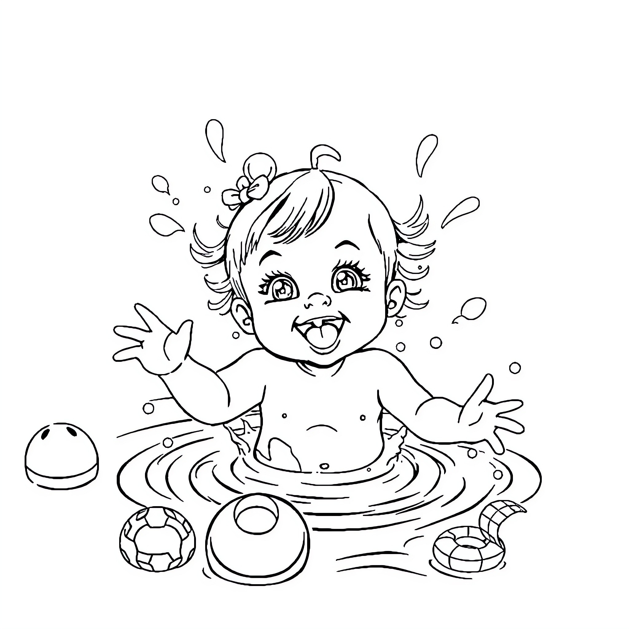 Baby Girl Joyfully Playing in Bathtub with Toys Coloring Page (free black-and-white line drawing printable PDF for all, from beginners to advanced learners, including children, teens, adults, and seniors)