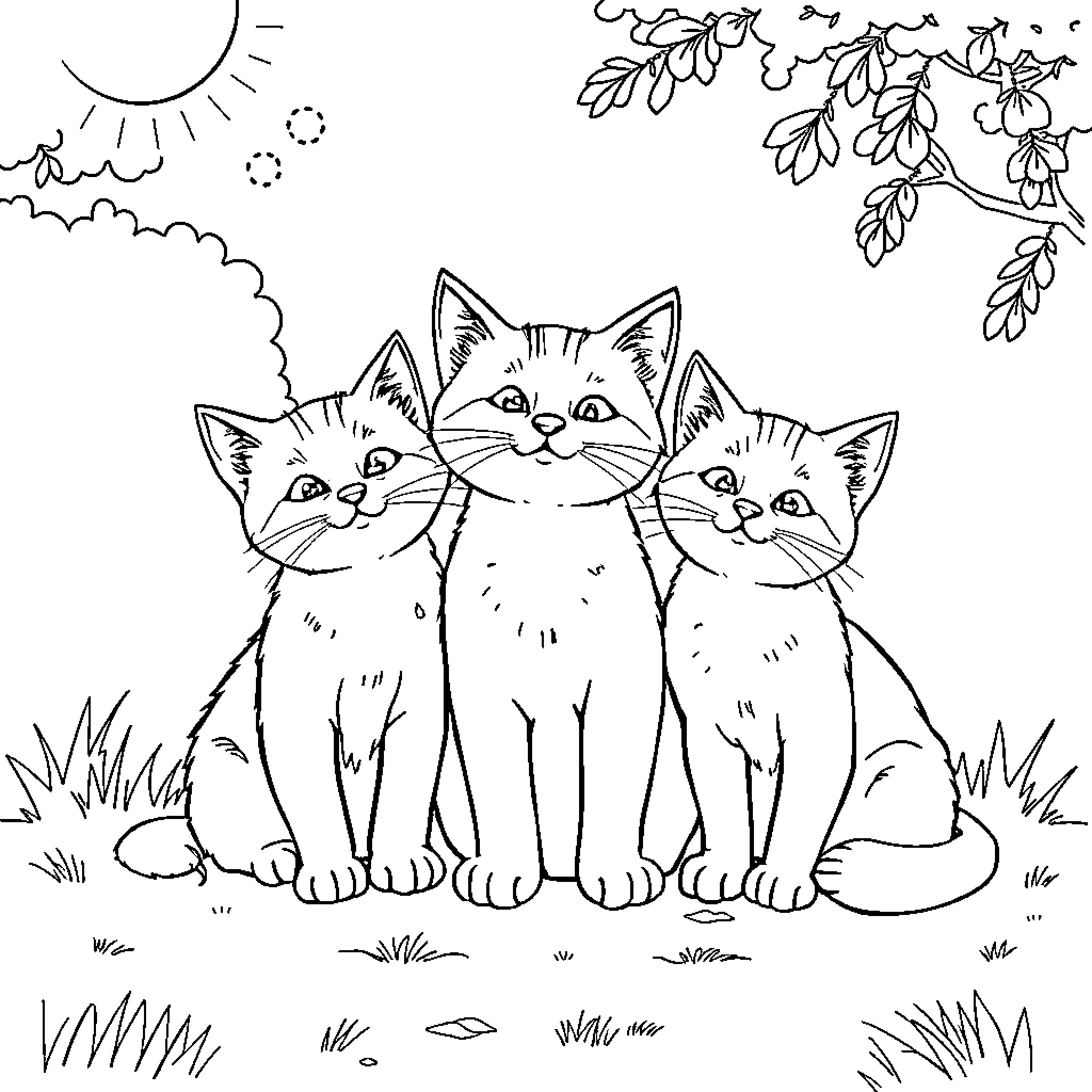 Cats enjoying the outdoors Coloring Page (free black-and-white line drawing printable PDF for all, from beginners to advanced learners, including children, teens, adults, and seniors)