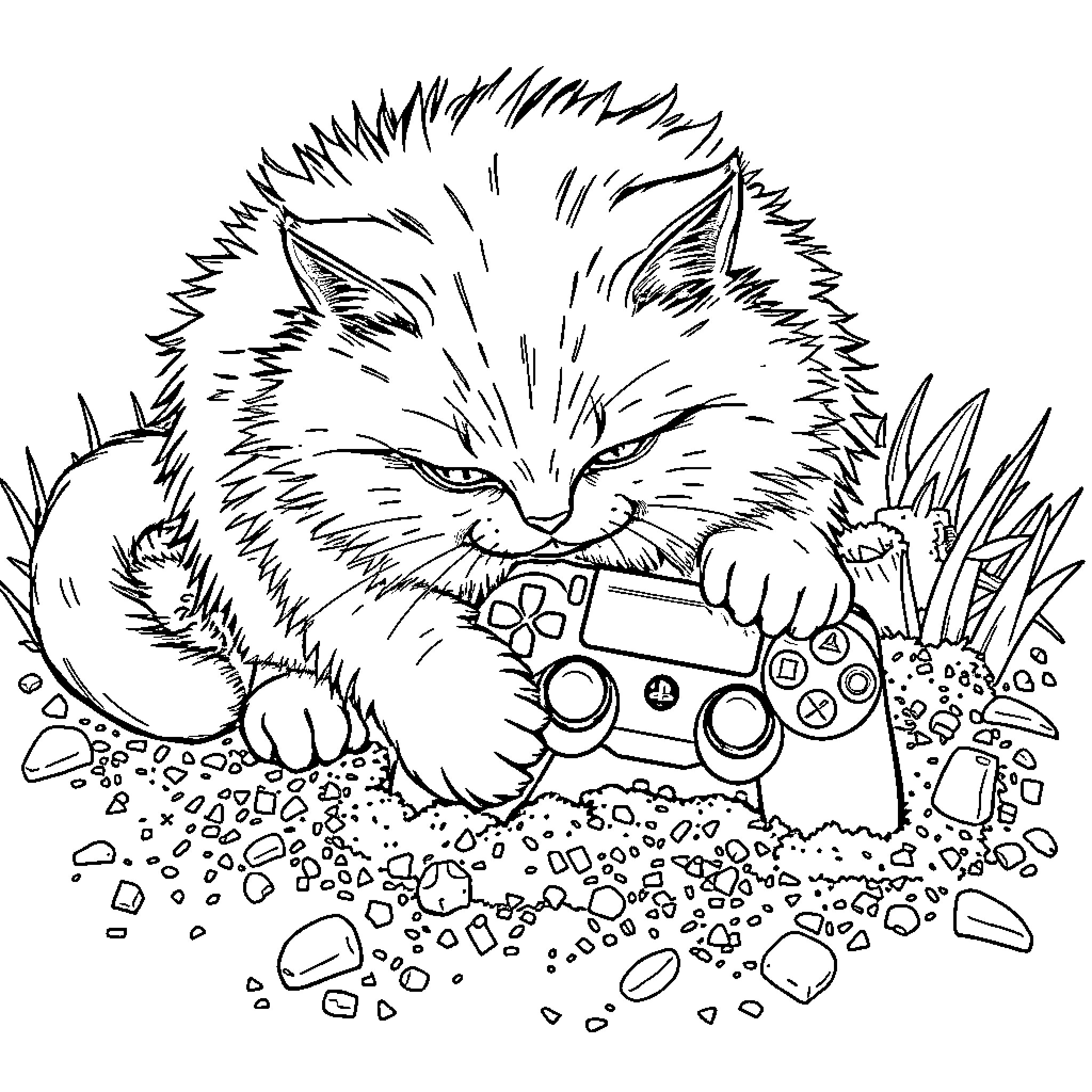 Cat grasping game controller in grass Coloring Page (free black-and-white line drawing printable PDF for all, from beginners to advanced learners, including children, teens, adults, and seniors)