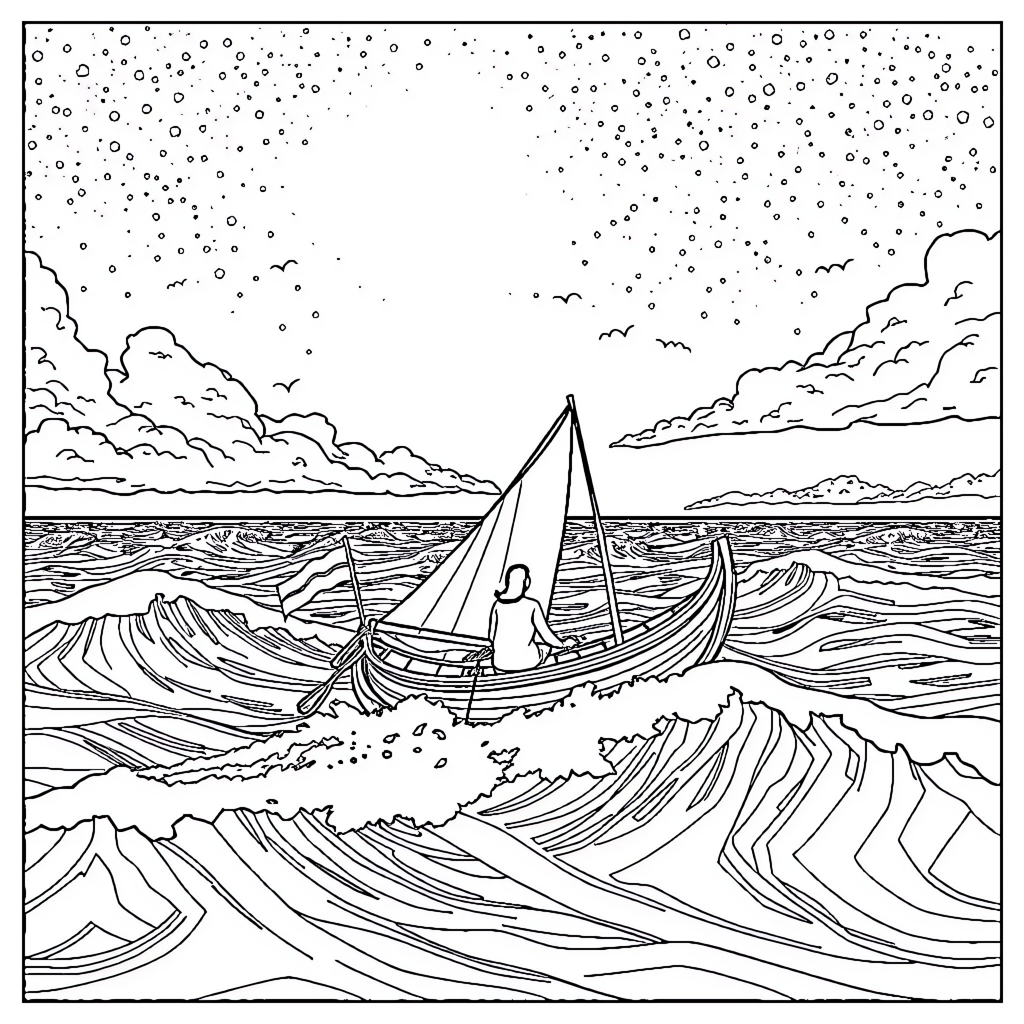 Moana sailing through the stormy ocean Coloring Page (free black-and-white line drawing printable PDF for all, from beginners to advanced learners, including children, teens, adults, and seniors)