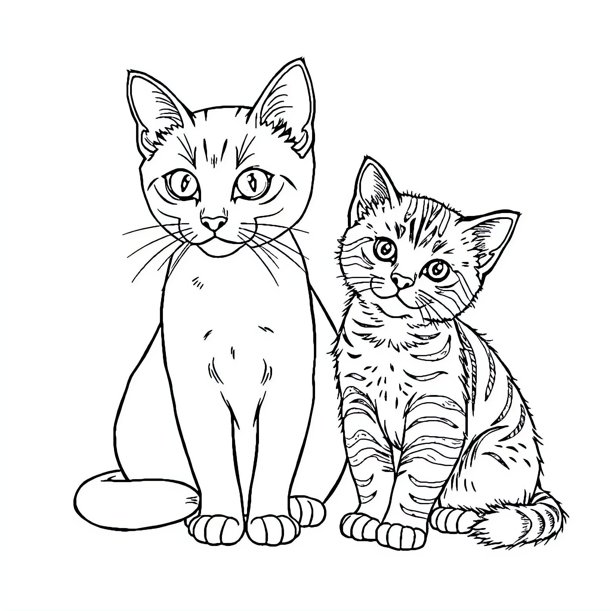 Cat friends posing together Coloring Page (free black-and-white line drawing printable PDF for all, from beginners to advanced learners, including children, teens, adults, and seniors)