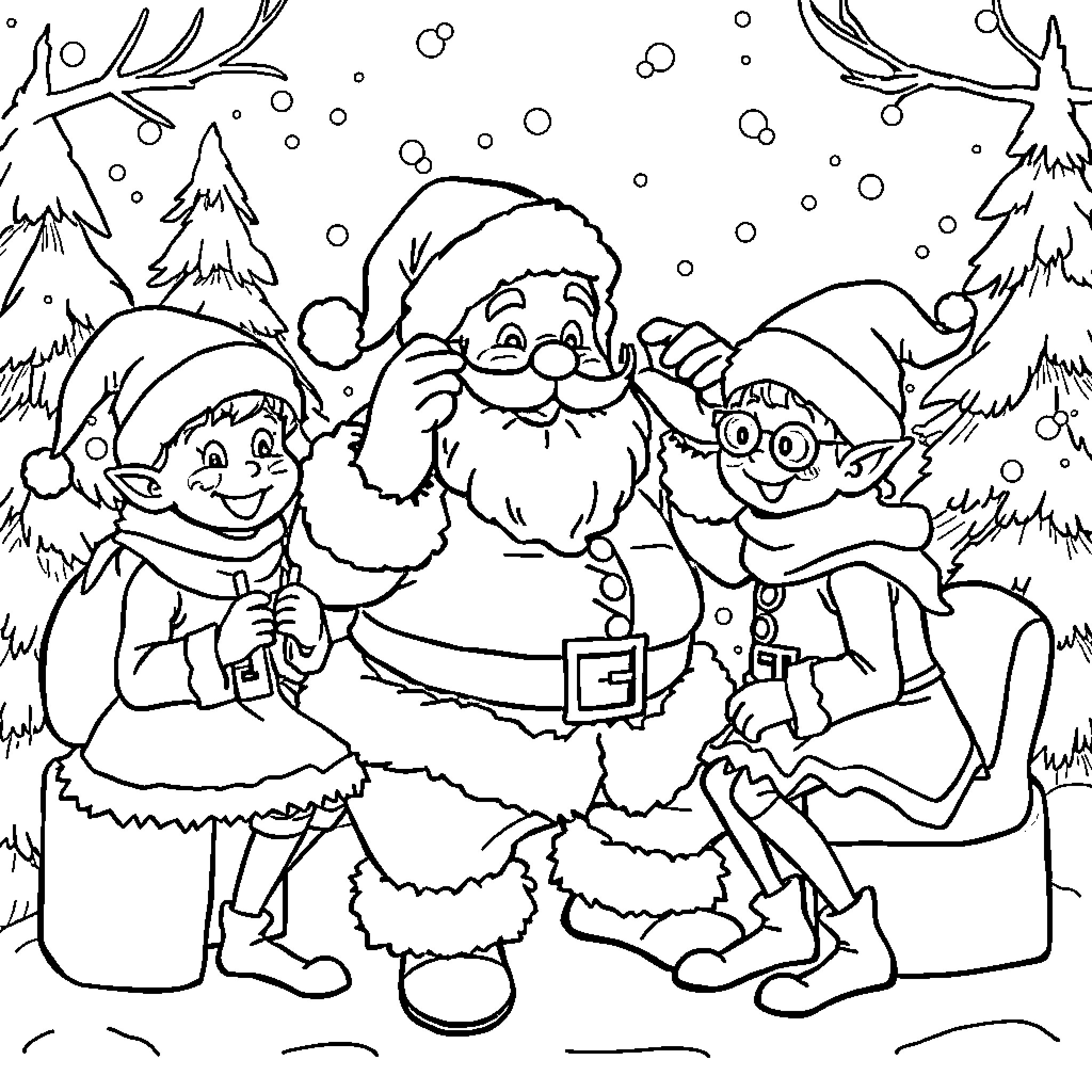 Santa and Helpers Enjoying the Snowy Outdoors Coloring Page (free black-and-white line drawing printable PDF for all, from beginners to advanced learners, including children, teens, adults, and seniors)