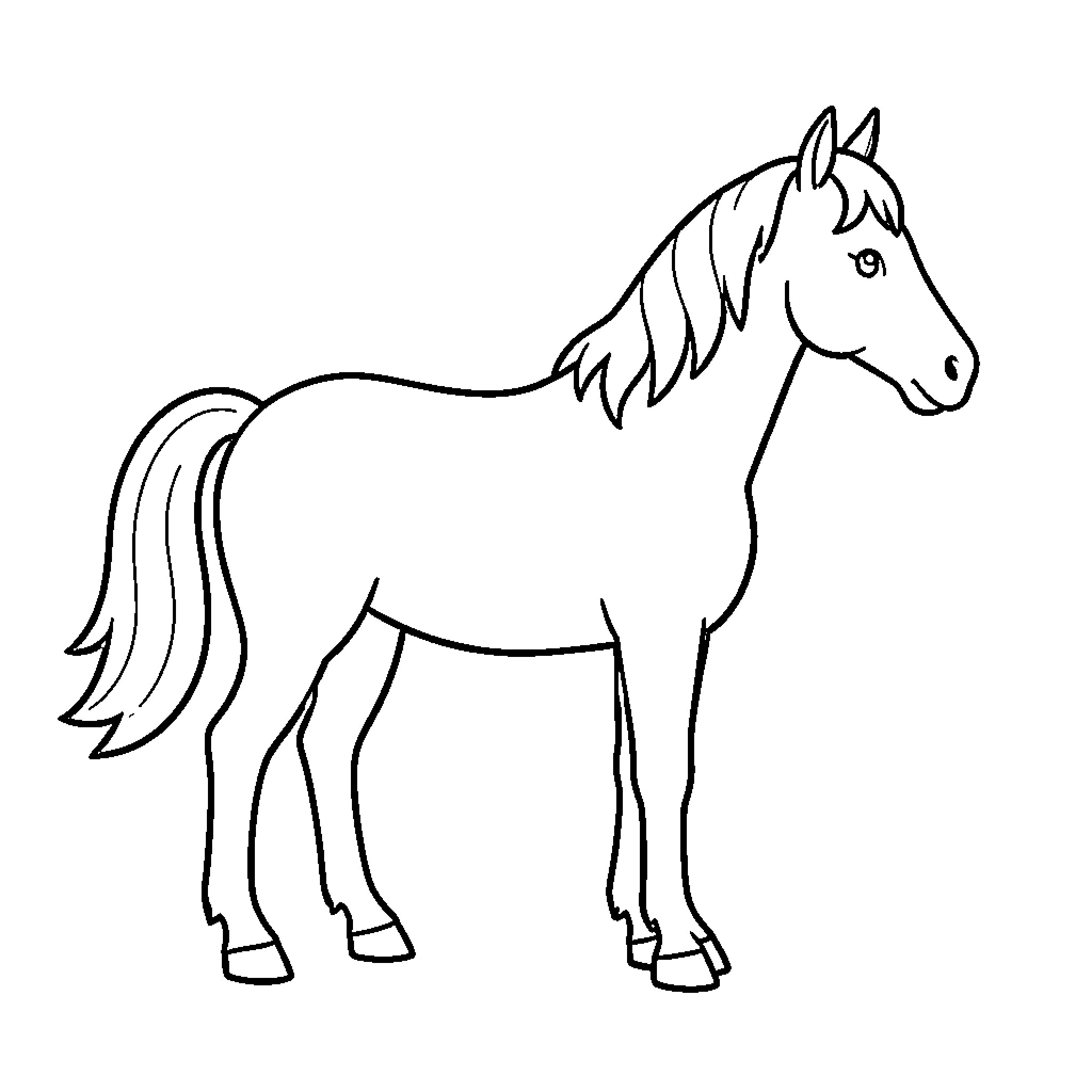Horse standing calmly in a profile view Coloring Page (free black-and-white line drawing printable PDF for all, from beginners to advanced learners, including children, teens, adults, and seniors)