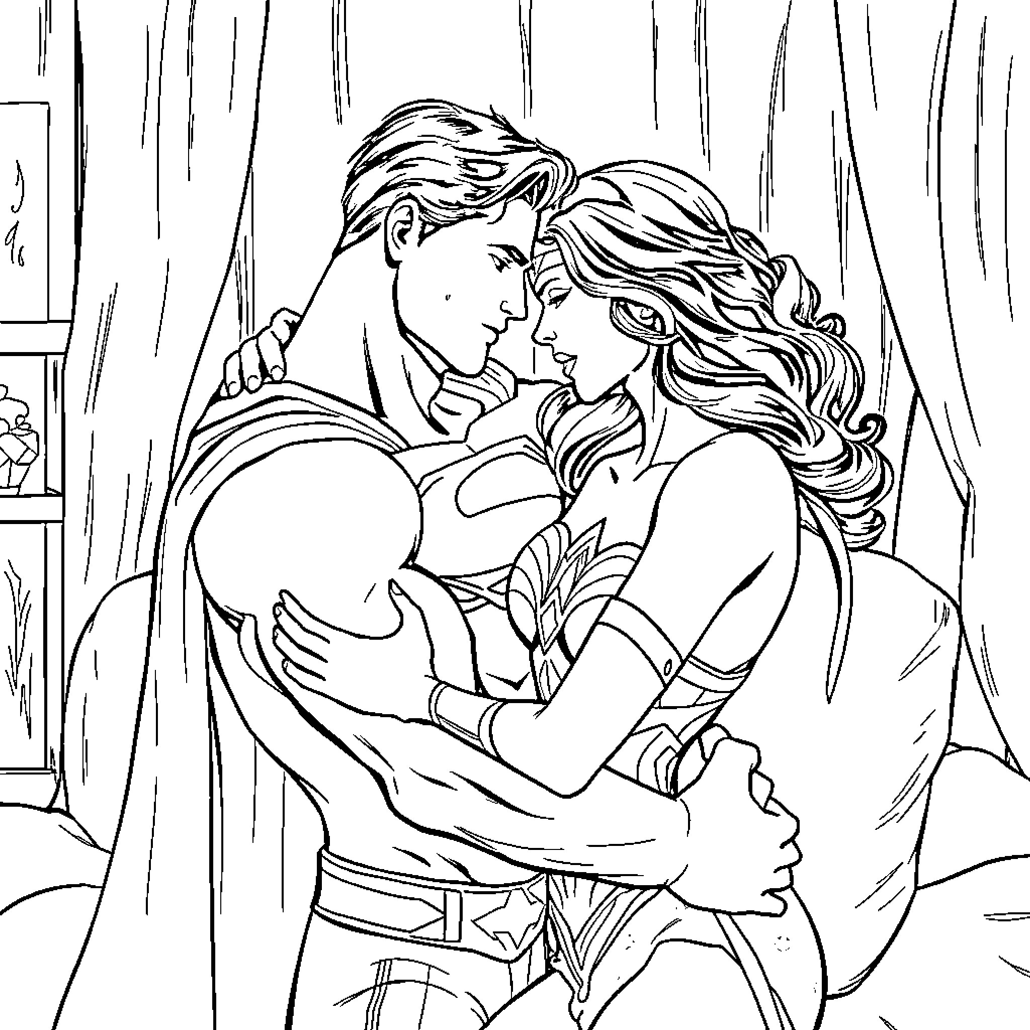 Superman embraces the love of his life in a romantic scene Coloring Page (free black-and-white line drawing printable PDF for all, from beginners to advanced learners, including children, teens, adults, and seniors)