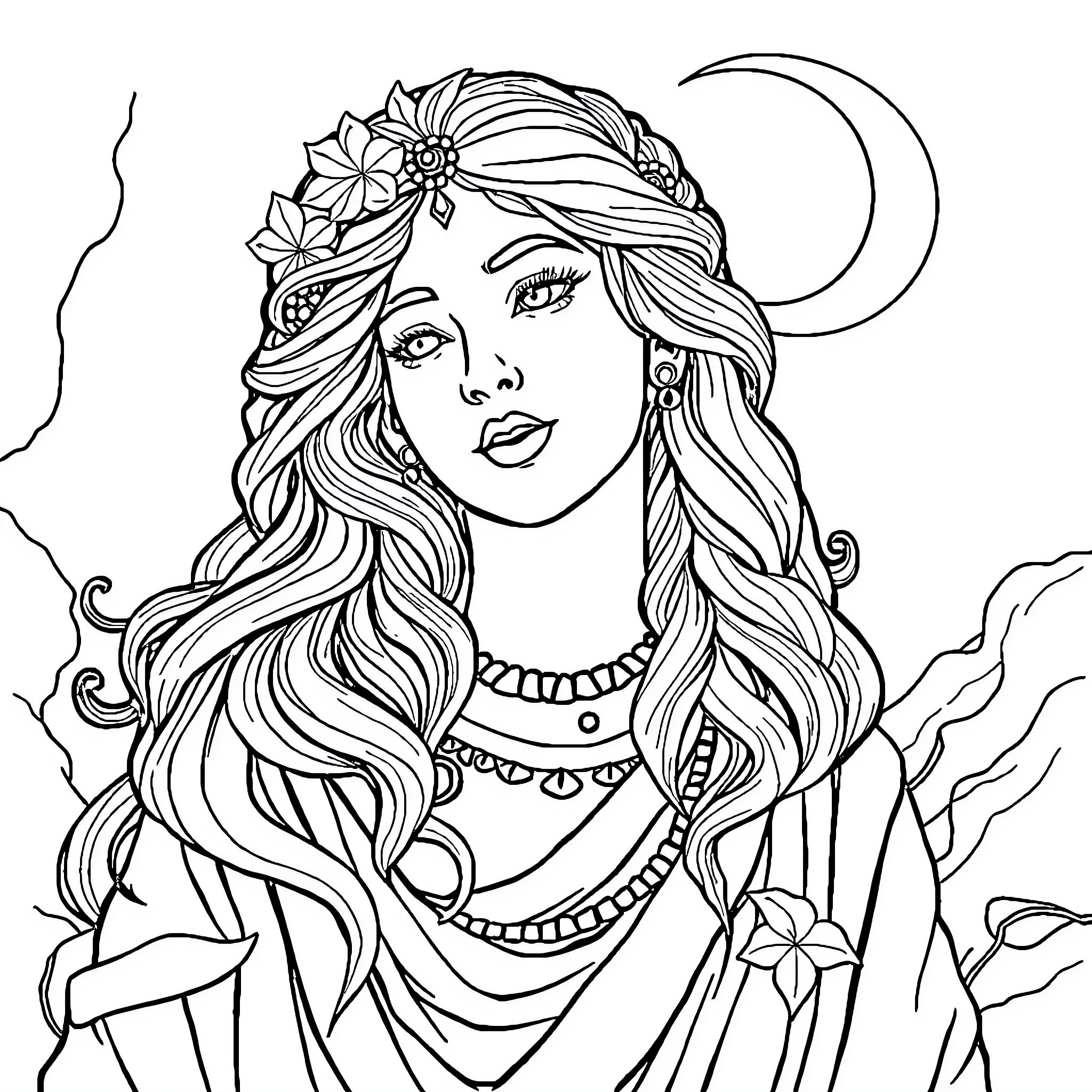God's Enchanting Goddess in Ethereal Embrace Coloring Page (free black-and-white line drawing printable PDF for all, from beginners to advanced learners, including children, teens, adults, and seniors)
