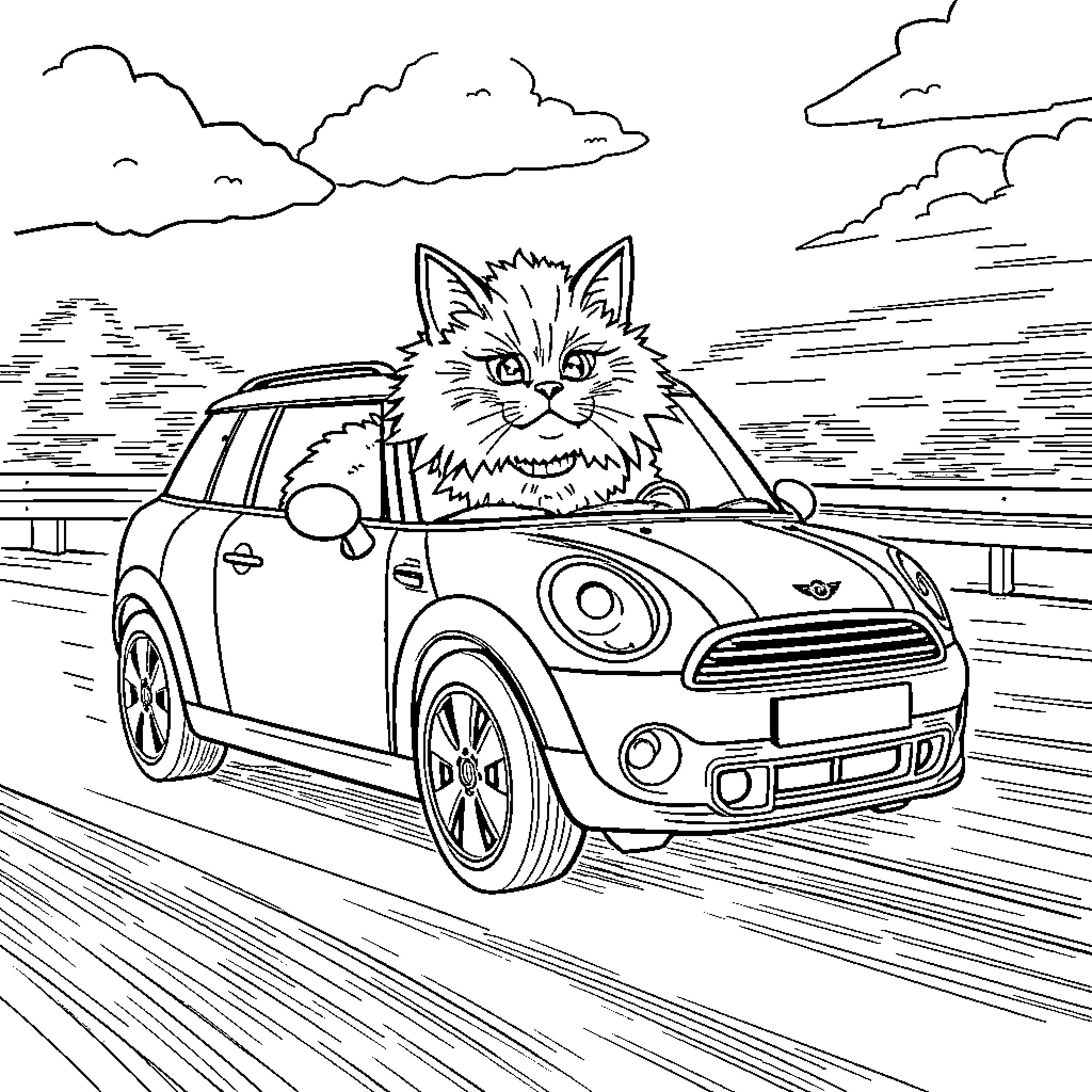 Cat driving a car on the road Coloring Page (free black-and-white line drawing printable PDF for all, from beginners to advanced learners, including children, teens, adults, and seniors)