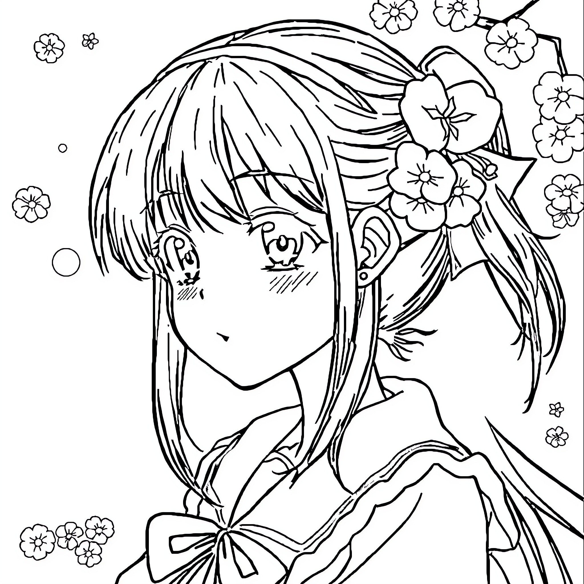Anime Girl with Floral Accents Coloring Page (free black-and-white line drawing printable PDF for all, from beginners to advanced learners, including children, teens, adults, and seniors)