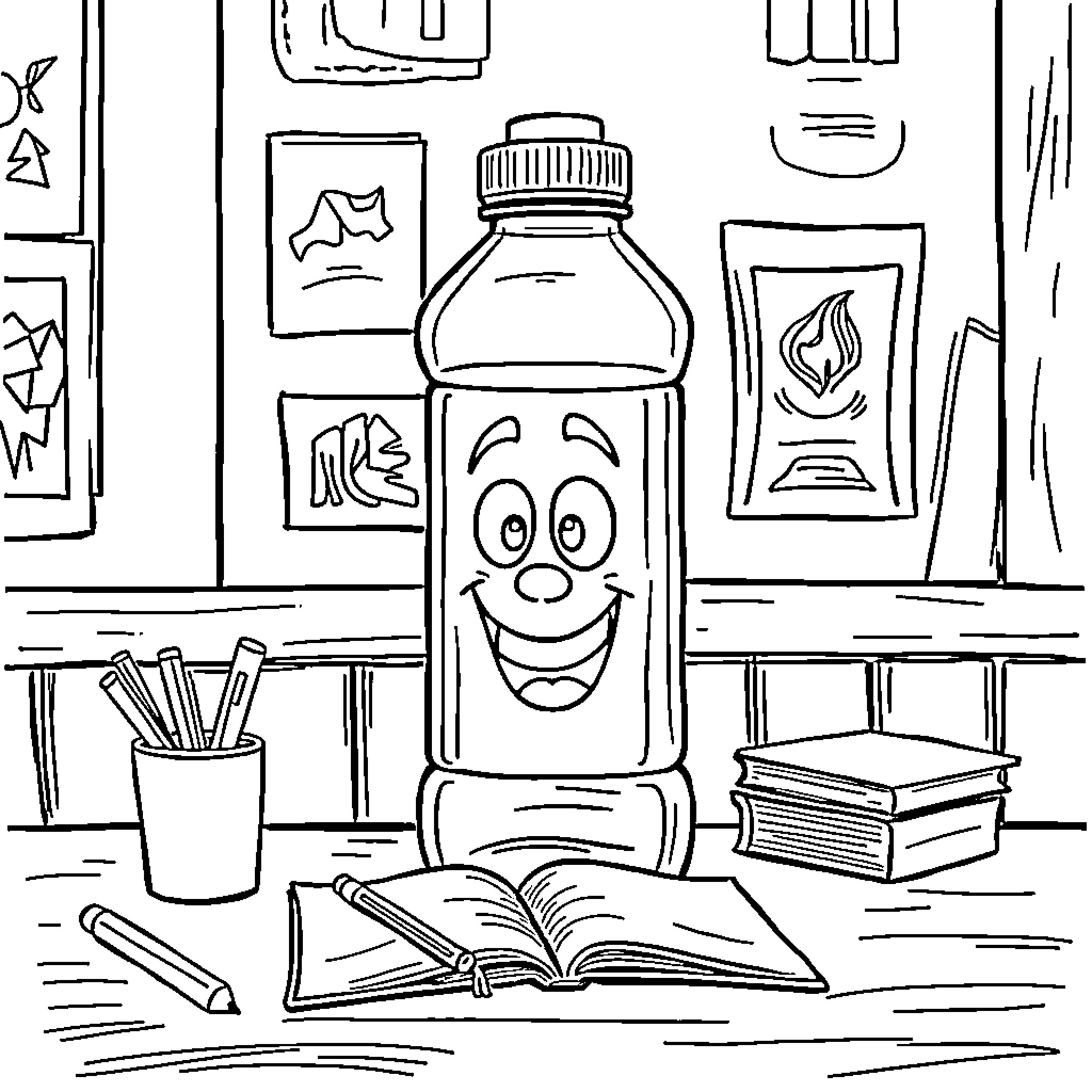 Water Bottle Smiling in Classroom Setting Coloring Page (free black-and-white line drawing printable PDF for all, from beginners to advanced learners, including children, teens, adults, and seniors)