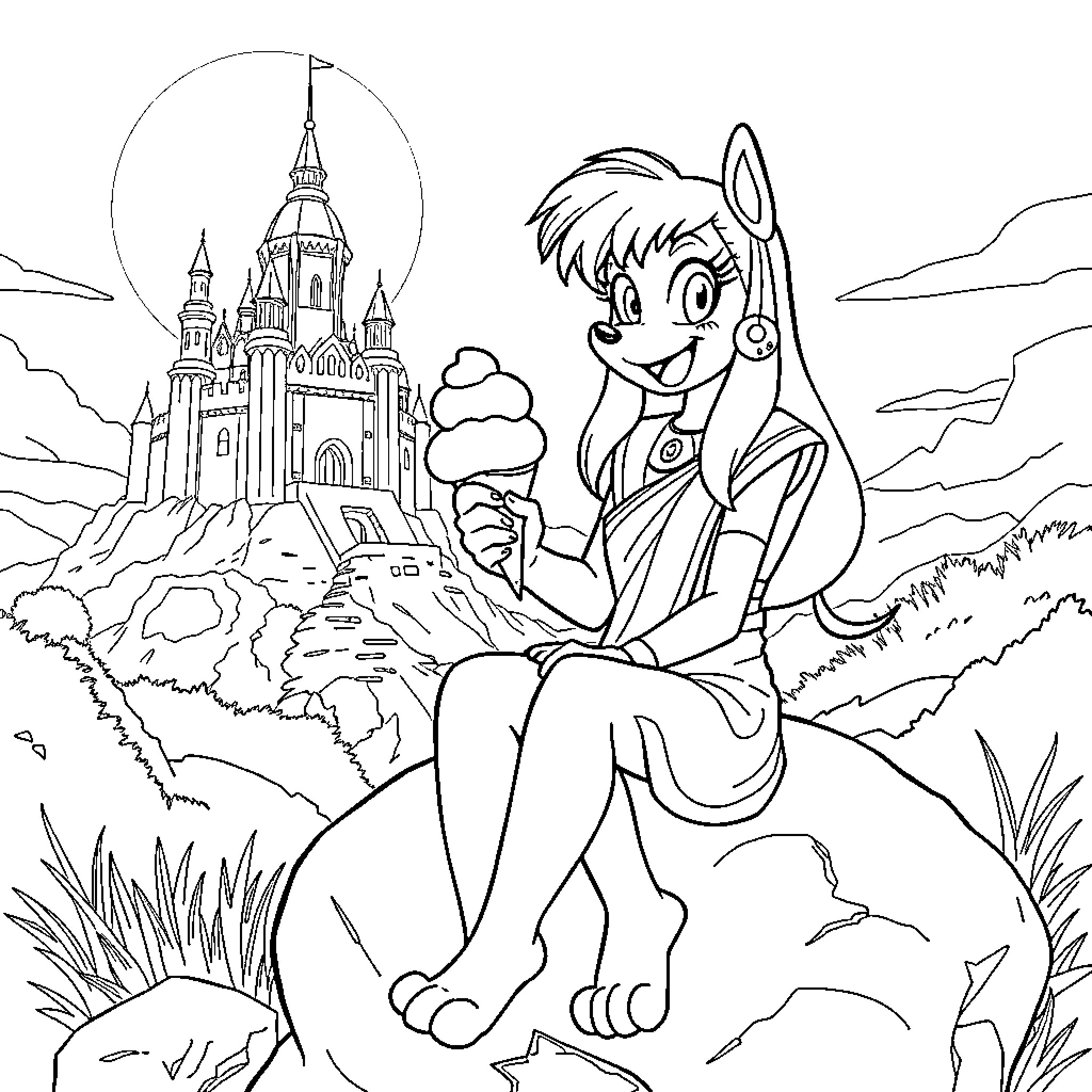 Sailor Pluto relaxing in a serene fantasy landscape Coloring Page (free black-and-white line drawing printable PDF for all, from beginners to advanced learners, including children, teens, adults, and seniors)