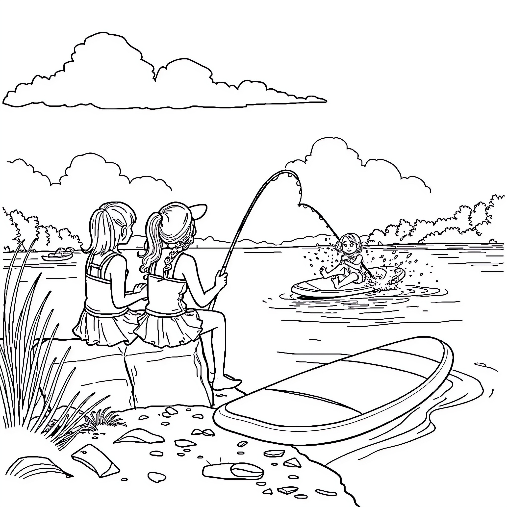 Girls fishing by the lake Coloring Page (free black-and-white line drawing printable PDF for all, from beginners to advanced learners, including children, teens, adults, and seniors)