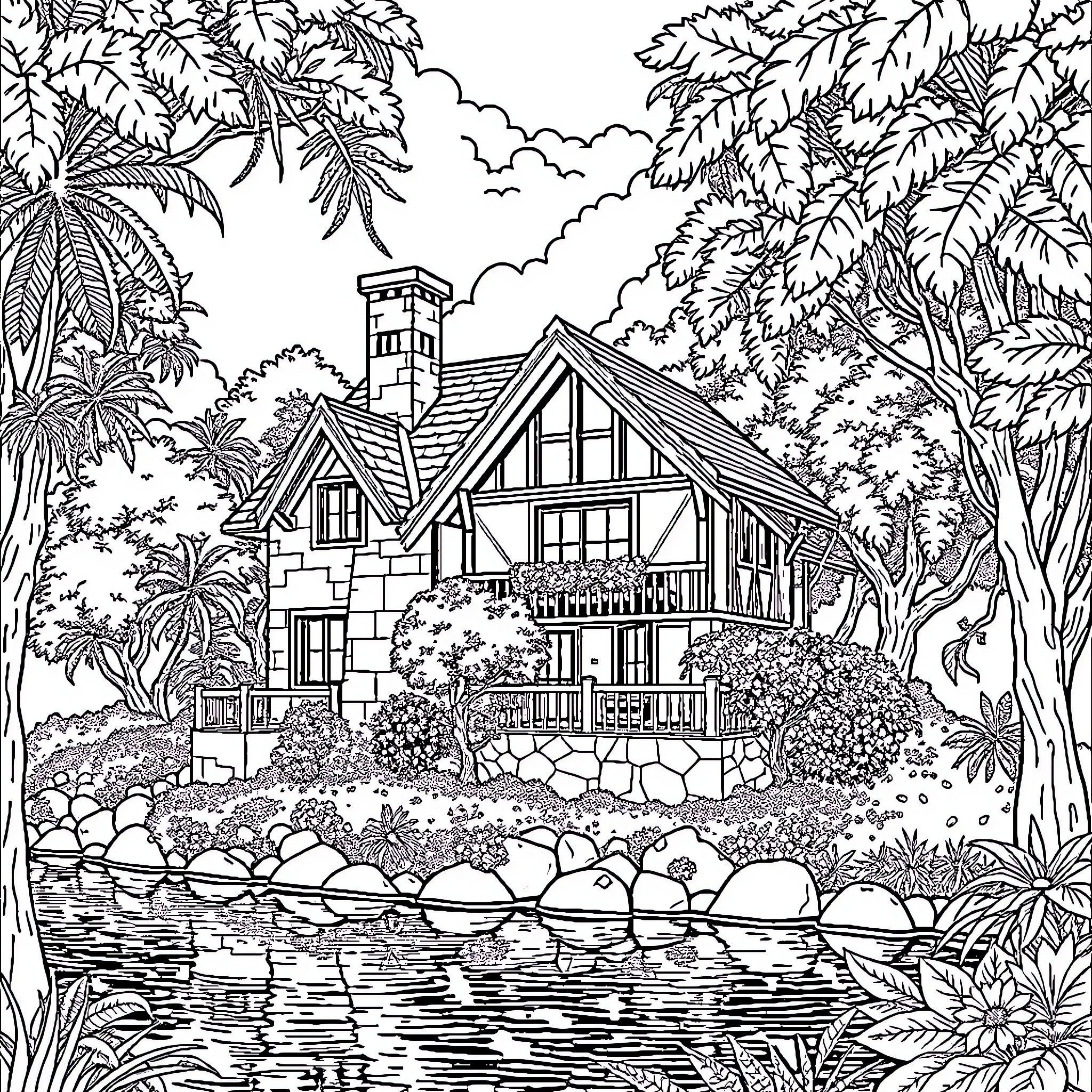 House nestled in lush tropical foliage by the lake Coloring Page (free black-and-white line drawing printable PDF for all, from beginners to advanced learners, including children, teens, adults, and seniors)