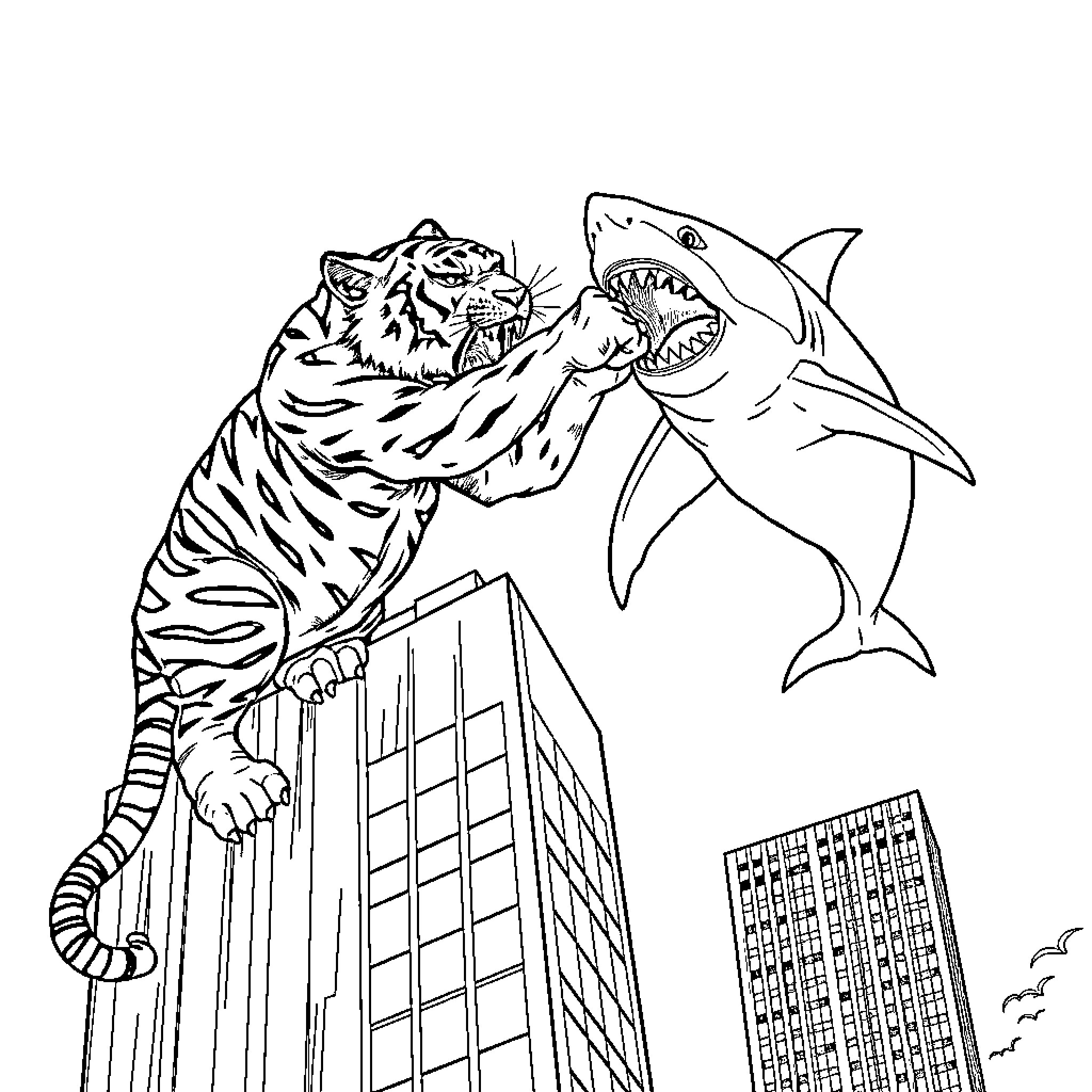 Tiger attacking skyscraper with giant shark Coloring Page (free black-and-white line drawing printable PDF for all, from beginners to advanced learners, including children, teens, adults, and seniors)